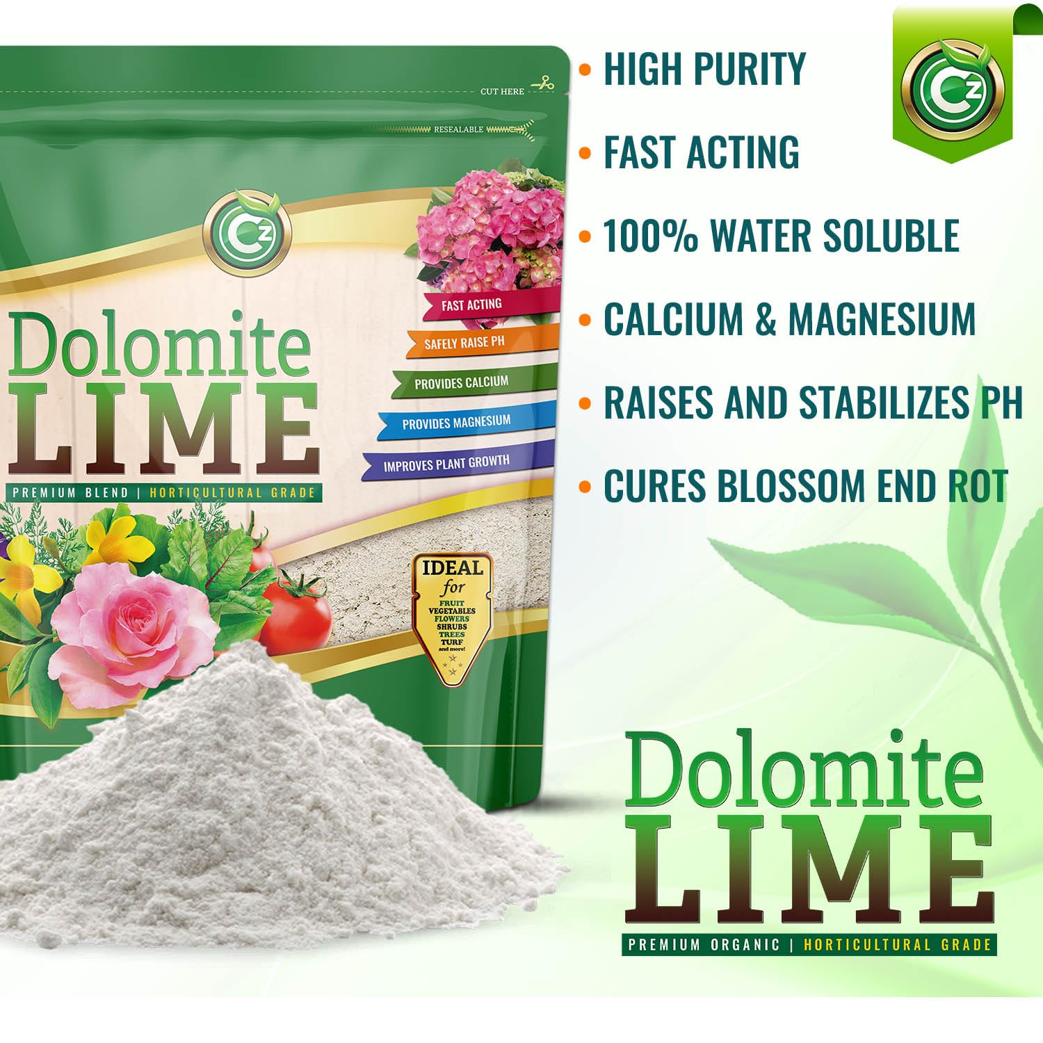 Organic Dolomite Lime 5Lb - Made In Usa - Omri Listed - Garden Soil Amendment Fertilizer For Plants. Calcium/Magnesium Additive. Raise & Stabilize Ph - Earthbox Tomatoes & Peppers Blossom End Rot