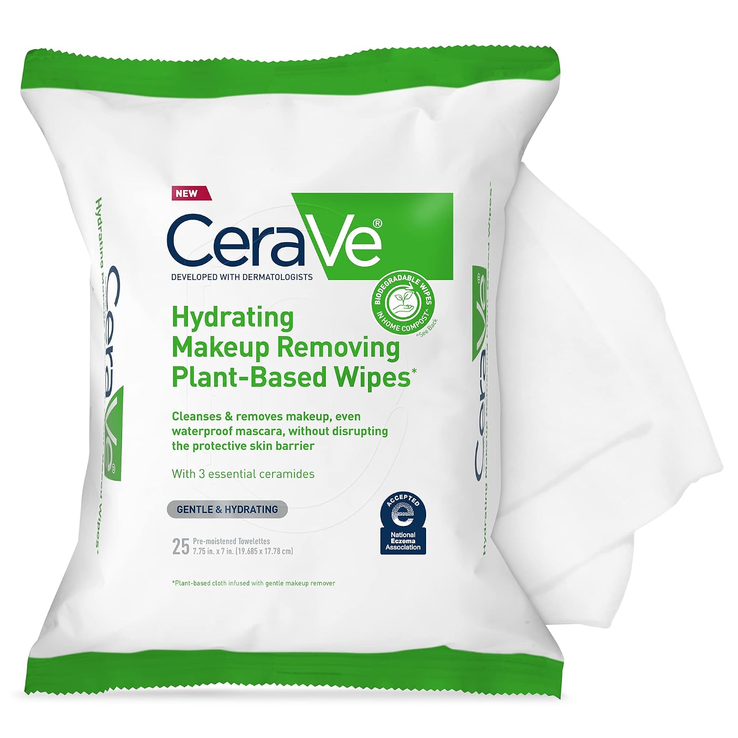 Cerave Makeup Remover Wipes, Plant Based Face Wipes, Biodegradable In Compost, Waterless Face Wash, Travel Essentials For Women, Suitable For Sensitive Skin, Fragrance-Free + Non-Comedogenic, 25Ct