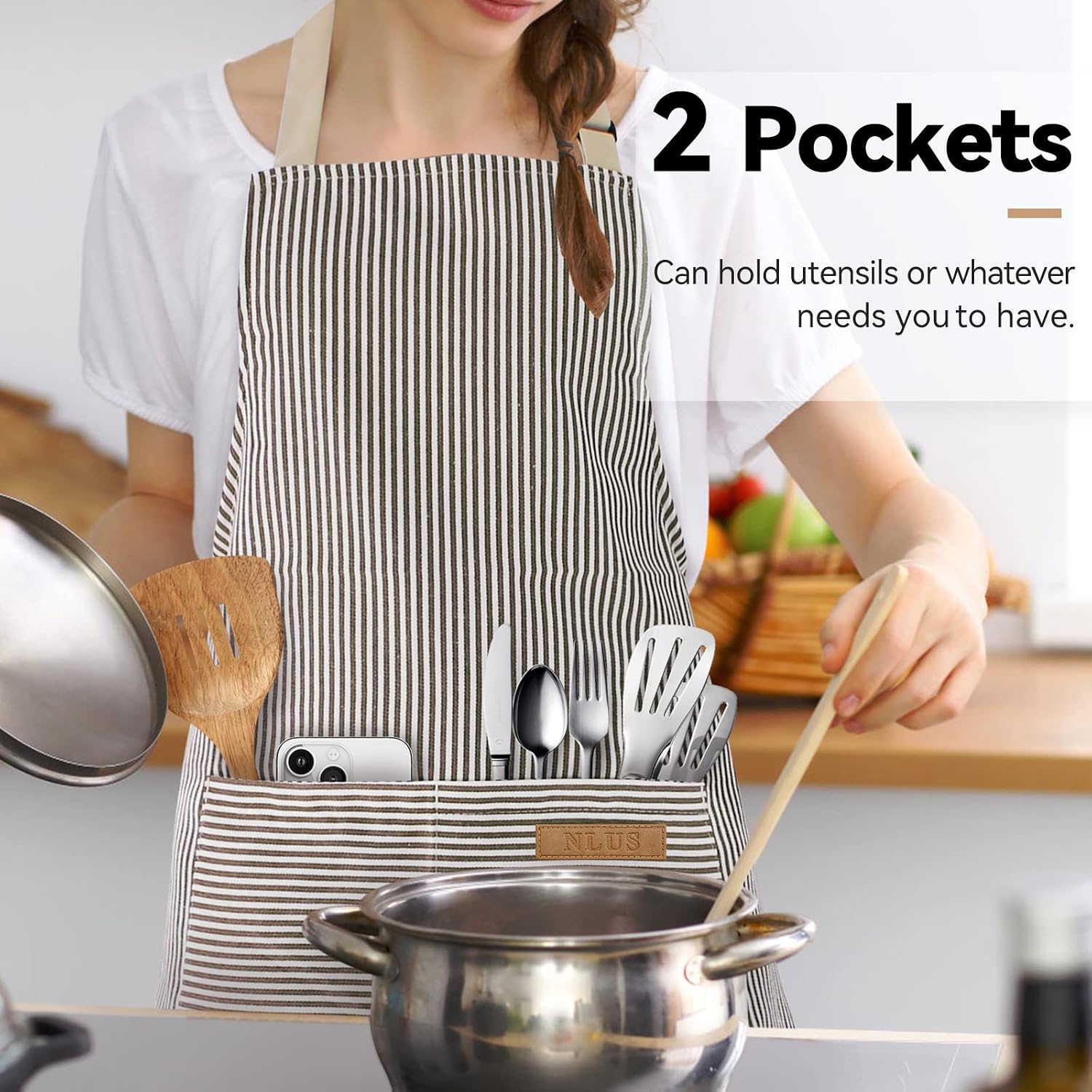 2 Pack Kitchen Cooking Aprons, Adjustable Bib Soft Chef Apron With 2 Pockets For Men Women(Black/Brown Stripes)