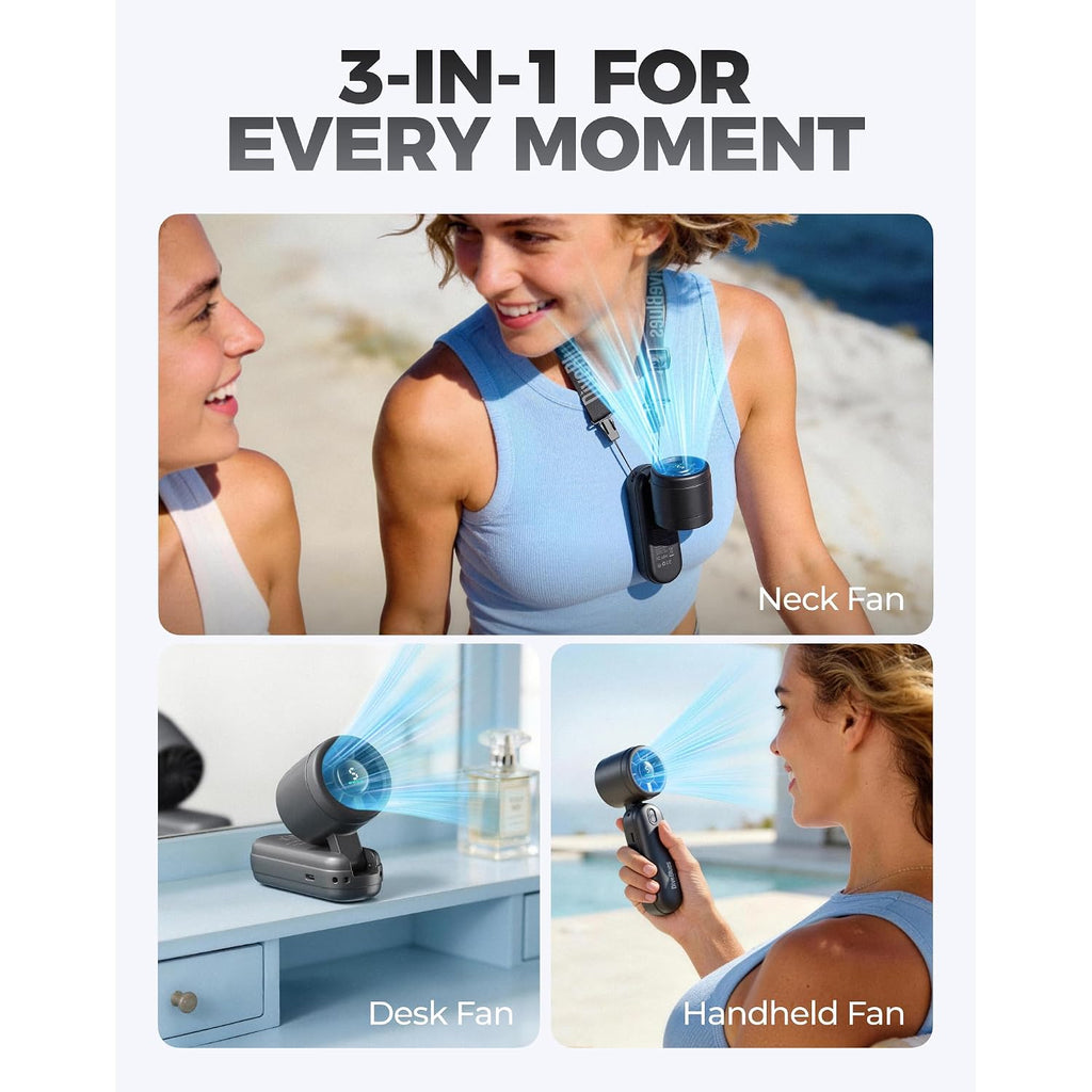 Diveblues Mini Portable Handheld Turbo Fan 27Ft/S, 4000Mah Battery | Quiet Motor, 12H Max Cooling, 5 Speeds, Led Display, 3-In-1 Handheld/Neck/Desk Fan For Travel, Cruise & Disney Essentials