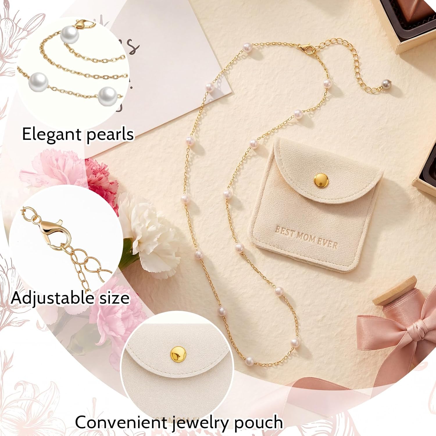 Yinkin 12 Sets Mother's Day Church Gifts Mother's Day Necklaces Gifts Bulk Gold Pearl Choker with Jewelry Pouch Adjustable Necklaces for Thank You Mom Church Gift