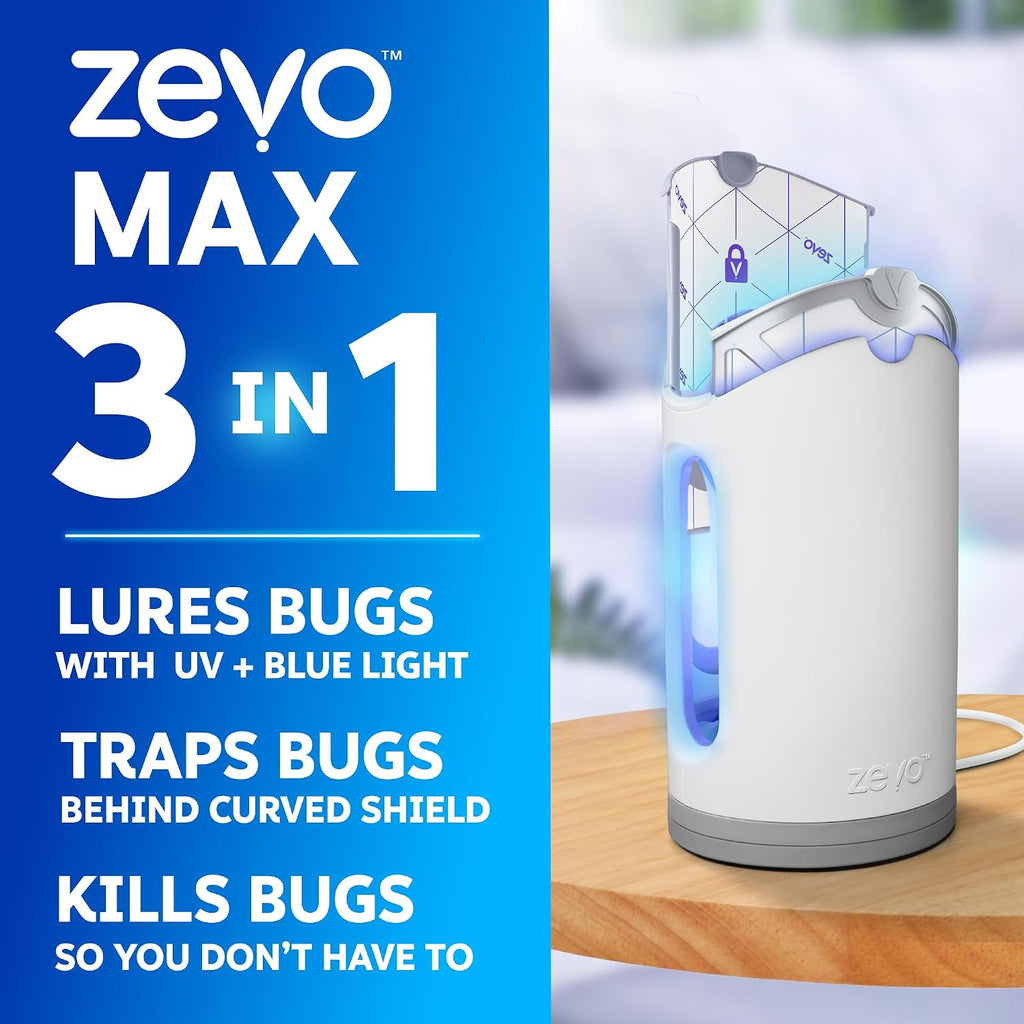 Zevo Max Bug Catcher & Fly Trap For Indoors - Flying Insect Trap For Gnats, House & Fruit Flies - Use In Any Room - No-Mess Disposal (1 Plug In Base & 2 Cartridges)