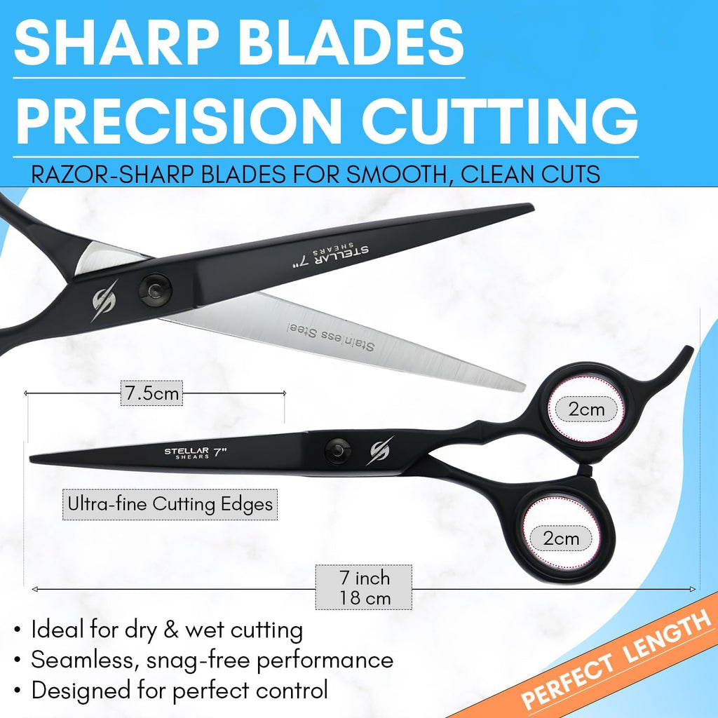 Hair Cutting Scissors Set – 7 Inch Razor-Sharp Barber Shears & Thinning Scissors, Comb & Case Ergonomic, Adjustable Tension (Matte Black Finish)