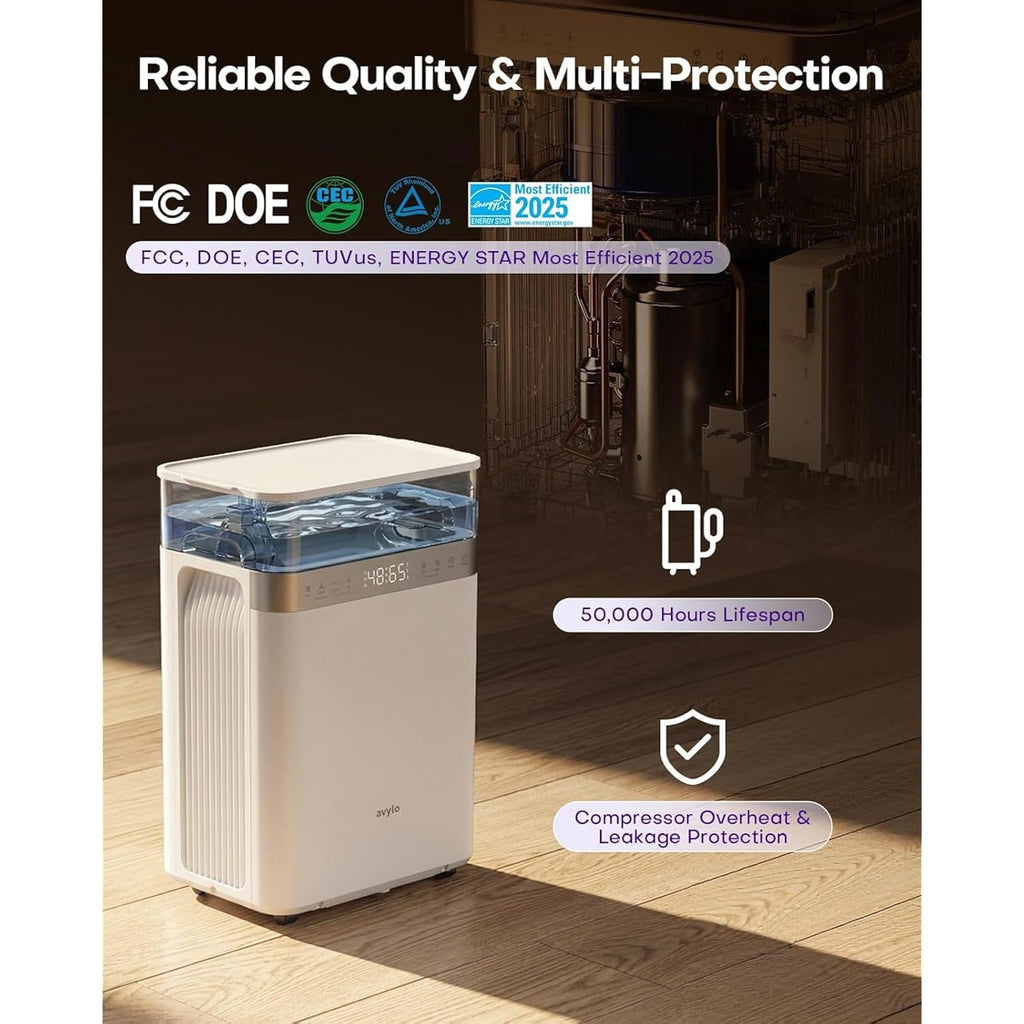 Avylo Dehumidifier For Basement With Pump And Hose, Max 90 Pints/D, White | Energy Star Most Efficient 2025,5000 Sq.Ft Dehumidifier,Top Mounted 2.11Gal Tank,3 Drainage Option,Auto Shut Off,Auto Defrost