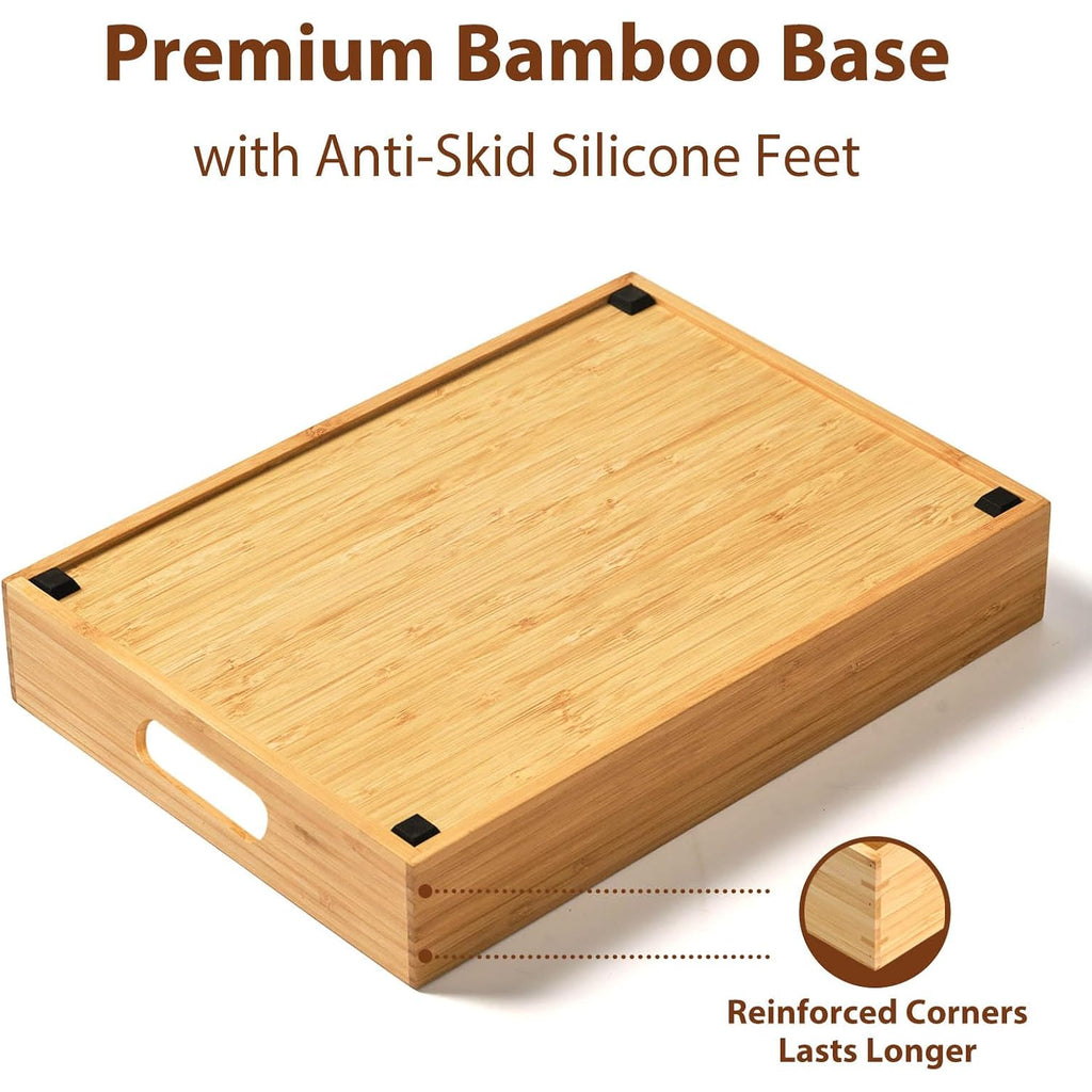 Large Bamboo Food Container Lid Organizer For Kitchen Cabinet | Adjustable Slots - Premium Bamboo, Pretty Color - Sturdy Versatile Caddy For Snack, Spice In Drawer - Anti-Skid Silicone Pads
