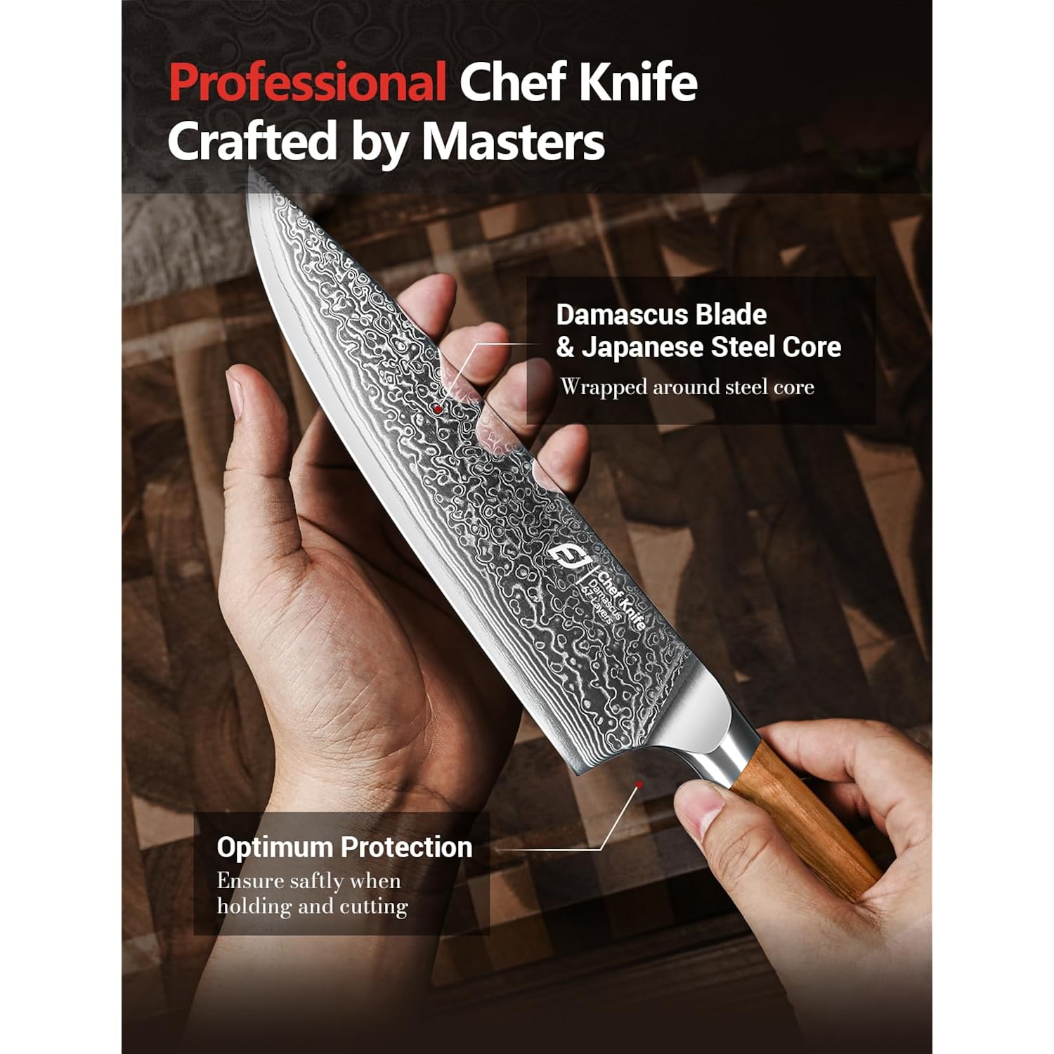 Damascus Chef Knife In Japanese Steel, 67-Layers Damascus Kitchen Knife With Wooden Gift Box And Original Olive Wood Handle, Cooking Knives For Home Kitchen Gift Idea