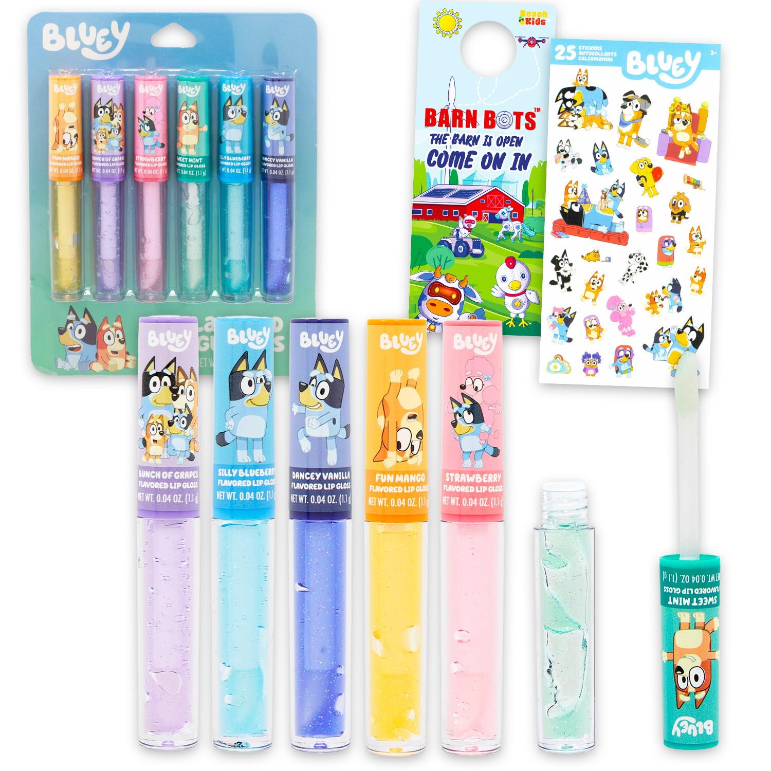Bluey Lip Gloss Bundle for Girls – 6 Pack of Glosses for Lips in Assorted Flavors Plus Stickers, More | Bluey Party Favors for Kids | Bluey Lip Gloss