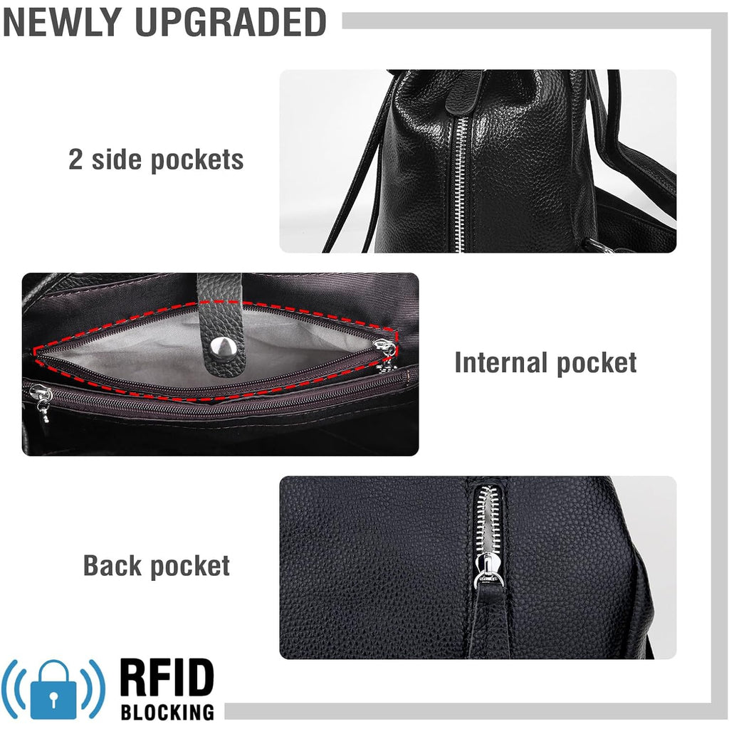 Boyatu Leather Backpack Purse For Women Fashion Design Ladies Shoulder Bag | Full-Grain Leather | Work Commuter & City Travel | Fashion Rfid Pocket Bag | Compact Everyday Essentials (Black)