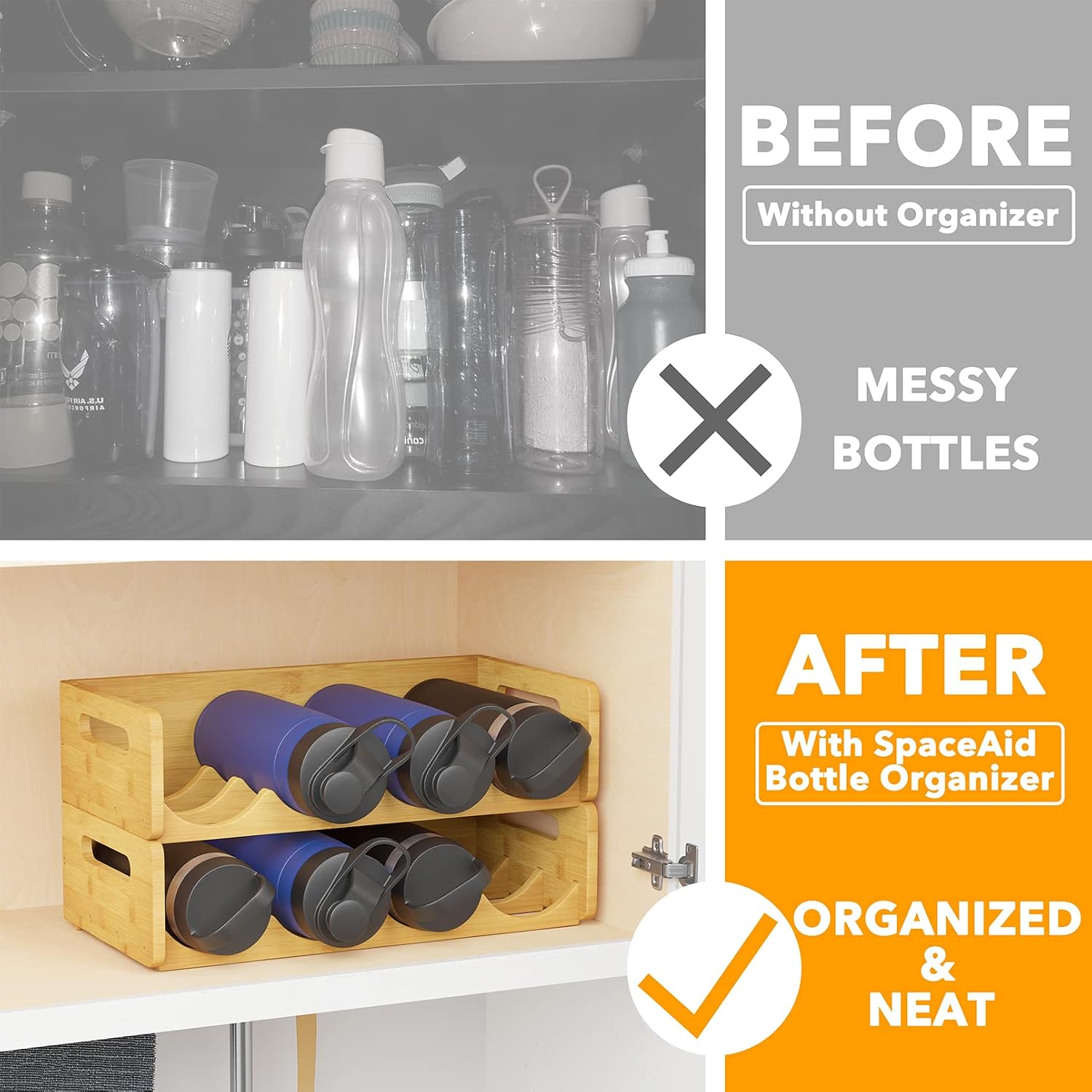Spaceaid Bamboo Water Bottle Organizer With Labels, Kitchen Pantry Water Bottle Storage Rack For Cabinets, Home Cup And Wine Bottle Holder Shelf Organizers, 2 Pack 4-Slot, Hold 8 Bottles