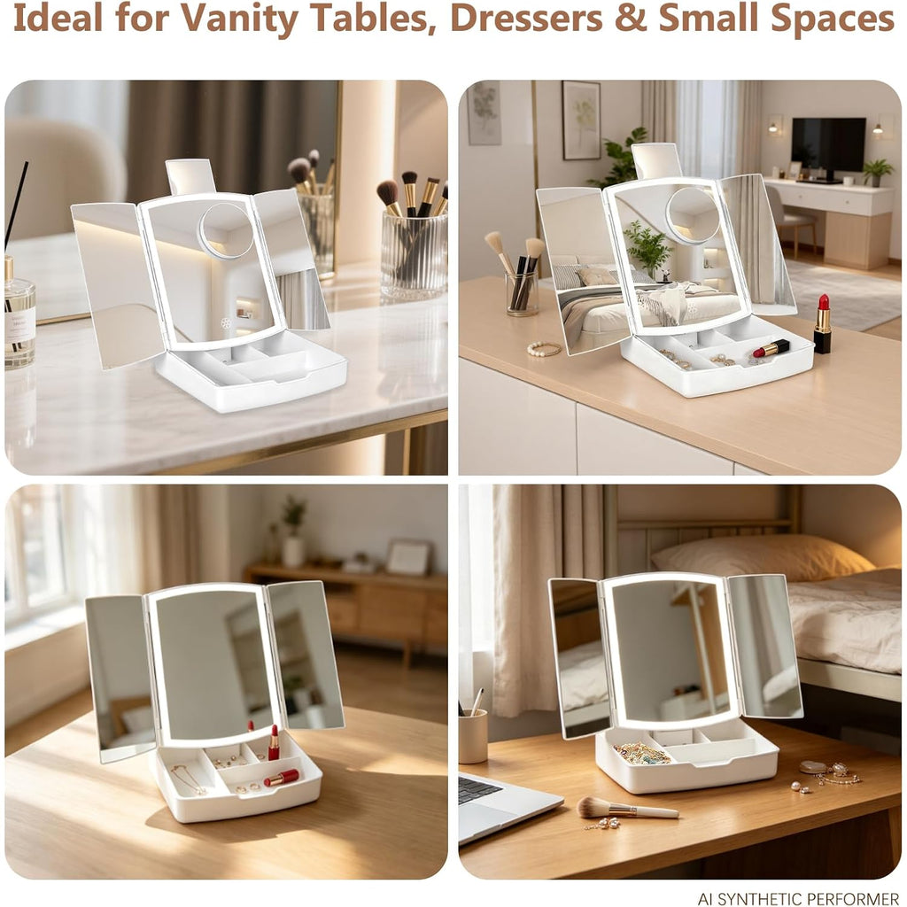 Makeup Mirror With Lights, Tri-Fold Vanity Mirror, 3 Colors, 5X/10X