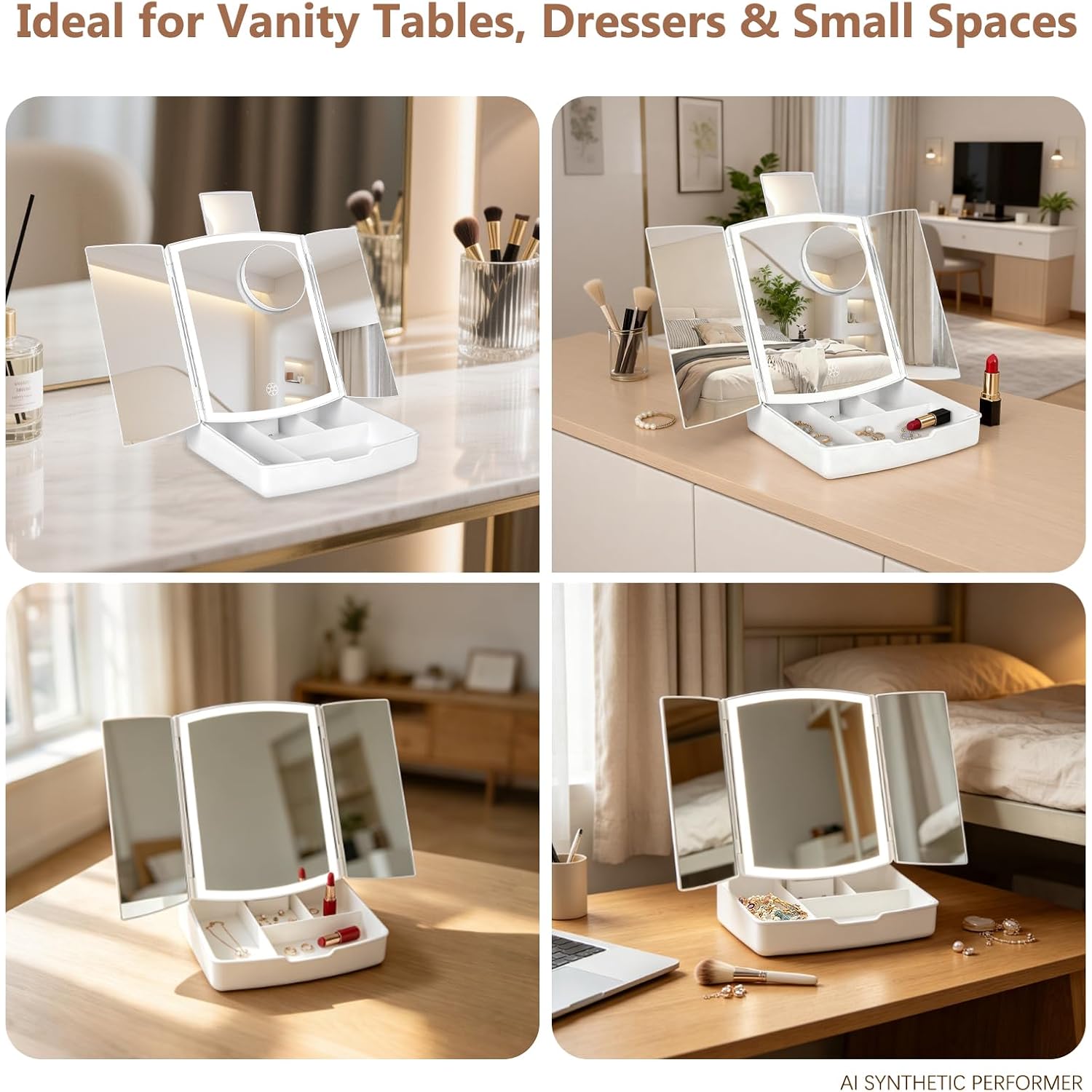 Makeup Mirror With Lights, Tri-Fold Vanity Mirror, 3 Colors, 5X/10X
