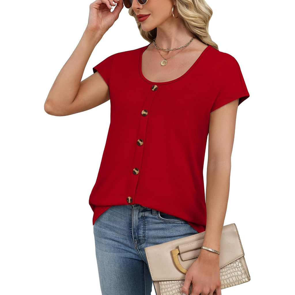 Wiholl Womens Summer Tops Cap Short Sleeve Shirts Button Down Blouses U Neck T Shirts Fashion Clothing