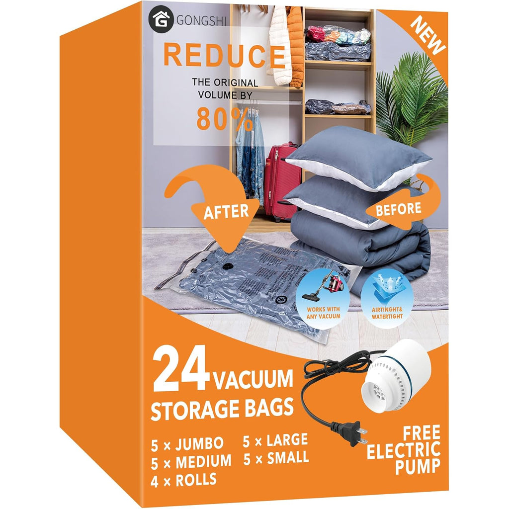 Gongshi Vacuum Seal Bags For Clothing Travel & Home Storage, Travel Vacuum Bags With Pump,Space Saver For Blankets, Comforters, Pillows, Clothes,24 Combo With Electric Pump