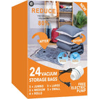 Gongshi Vacuum Seal Bags For Clothing Travel & Home Storage, Travel Vacuum Bags With Pump,Space Saver For Blankets, Comforters, Pillows, Clothes,24 Combo With Electric Pump