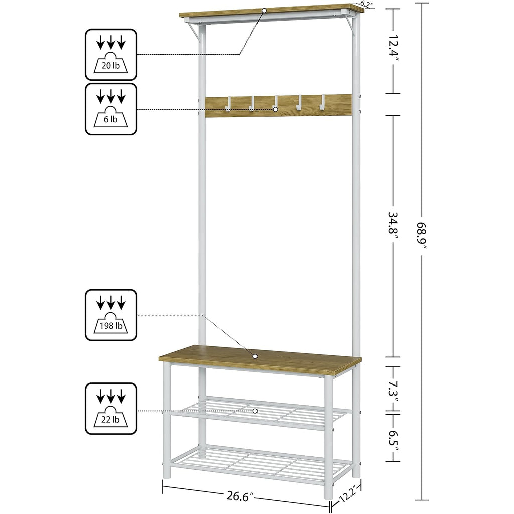 Hall Tree With Bench And Shoe Storage, 3-In-1 Coat Rack Shoe Bench, Freestanding Wooden Coat Rack With Metal Frame, 3-Tier Storage Shelf And 5 Removable Hooks, White