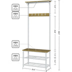 Hall Tree With Bench And Shoe Storage, 3-In-1 Coat Rack Shoe Bench, Freestanding Wooden Coat Rack With Metal Frame, 3-Tier Storage Shelf And 5 Removable Hooks, White