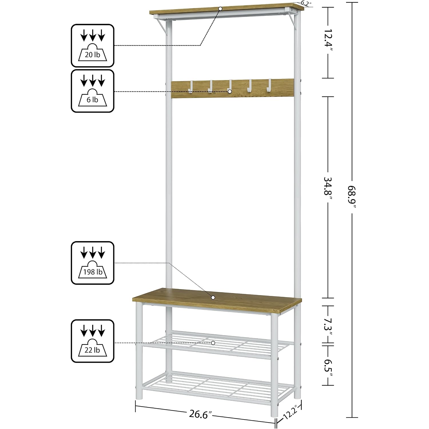 Hall Tree With Bench And Shoe Storage, 3-In-1 Coat Rack Shoe Bench, Freestanding Wooden Coat Rack With Metal Frame, 3-Tier Storage Shelf And 5 Removable Hooks, White