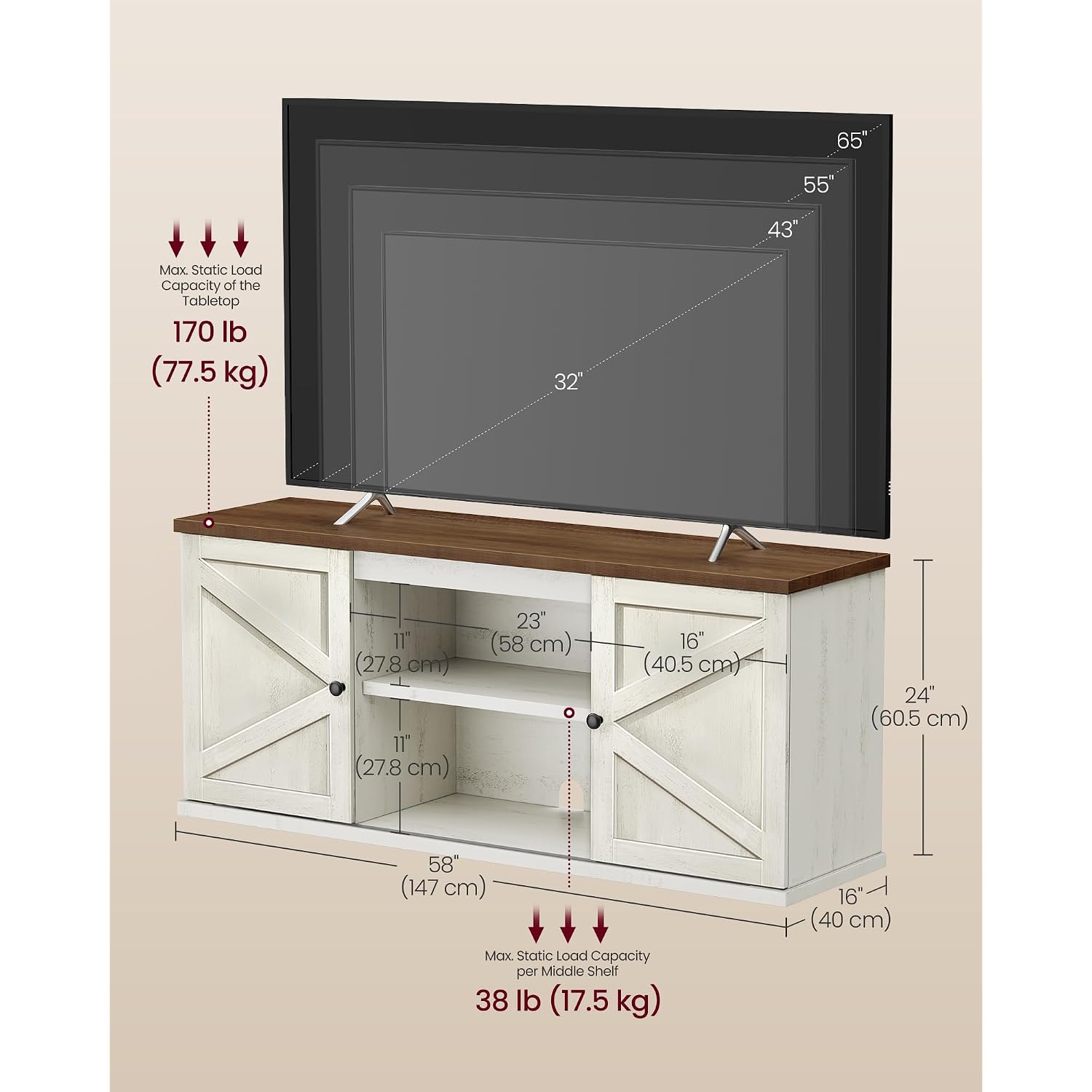 Vasagle Farmhouse Tv Stand For Tvs Up To 65 Inches, Entertainment Center With Storage Cabinets And Sliding Barn Doors, Media Console Table For Living Room, Rustic White And Honey Brown Ultv535W01