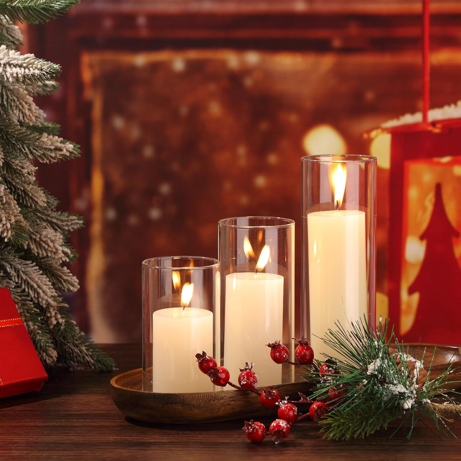 Shihanee Set of 3 Pillar Candles and 3 Glass Cylinder Candle Vases Holders Clear Pillar Jars for Wedding Centerpieces(2.6'' X 4.7'', 5.9'', 7.9'',Ivory White)