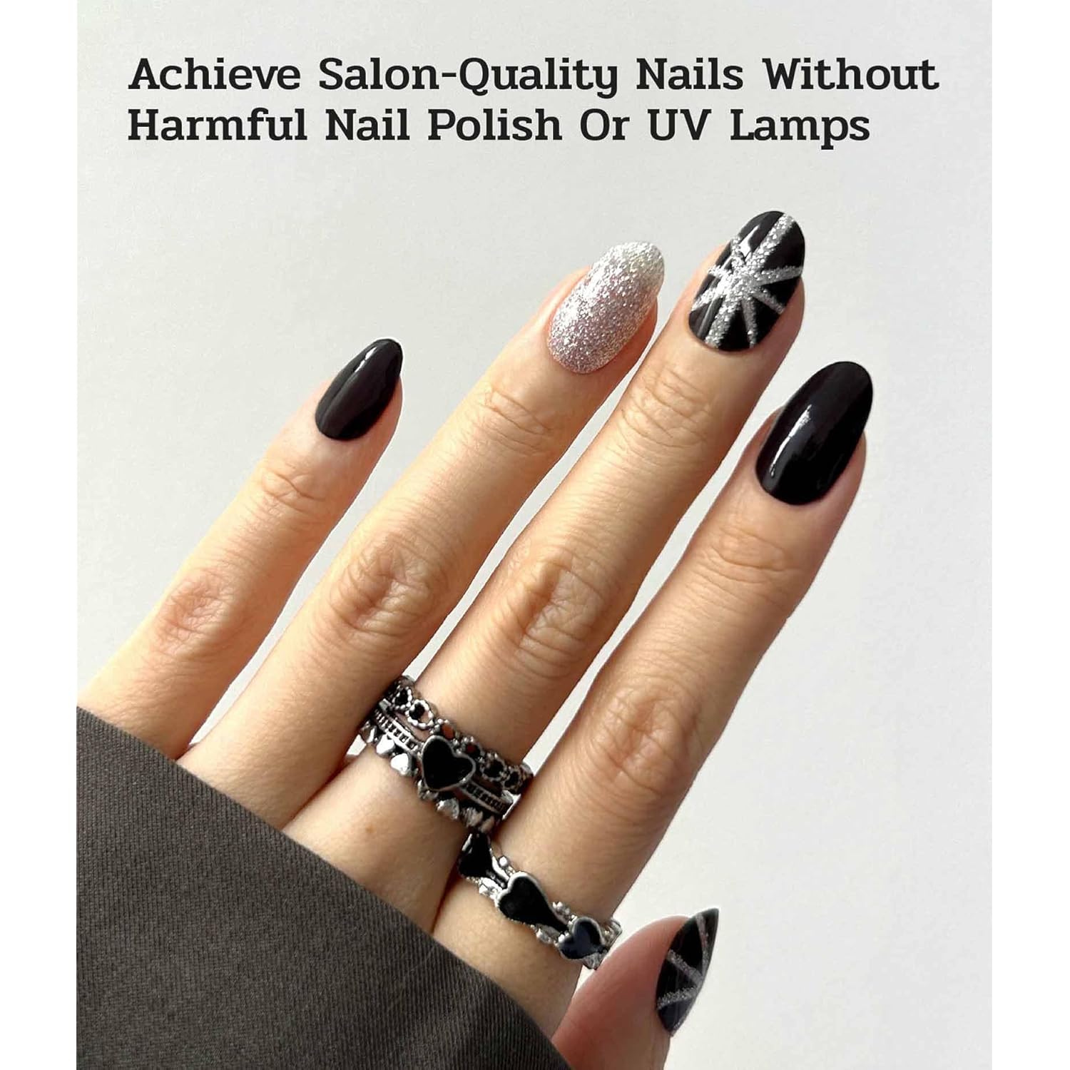 Nail Polish Strips (No UV Lamp Needed) - 22 Pcs Salon Quality Gel Nail Stickers - Long Lasting Wraps (Saint Black Glitter)