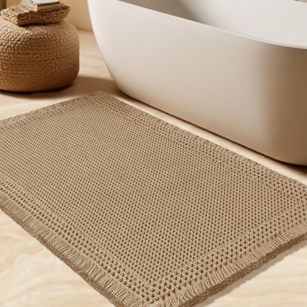 Upgrade Waffle Bath Mat, Boho Bathroom Rugs Absorbent Non Slip, Ultra Soft Bathroom Mat, Machine Washable Knit Bath Rugs With Border For Bathroom, Bedroom, Kitchen, Shower, Tub, 32"X20", Beige