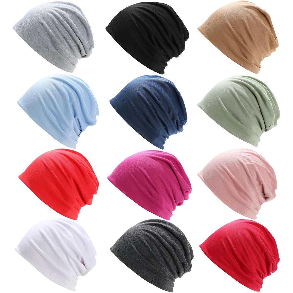 9 Pieces Solid Women Chemo Hat Stretchy Turban Beanie,Pre Tied Chemo Head Scarf Beanie Skull Cover Cap for Women Hair Loss Multi-12pcs-c