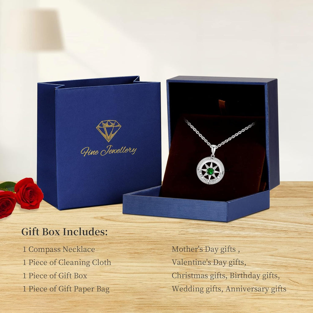 Peeshow Compass Birthstone Necklace for Women Wife, S925 Sterling Silver Gift for Wife Wedding Anniversary Birthday Gifts for Women Jewelry for Her Girlfriend I'd be Lost without You