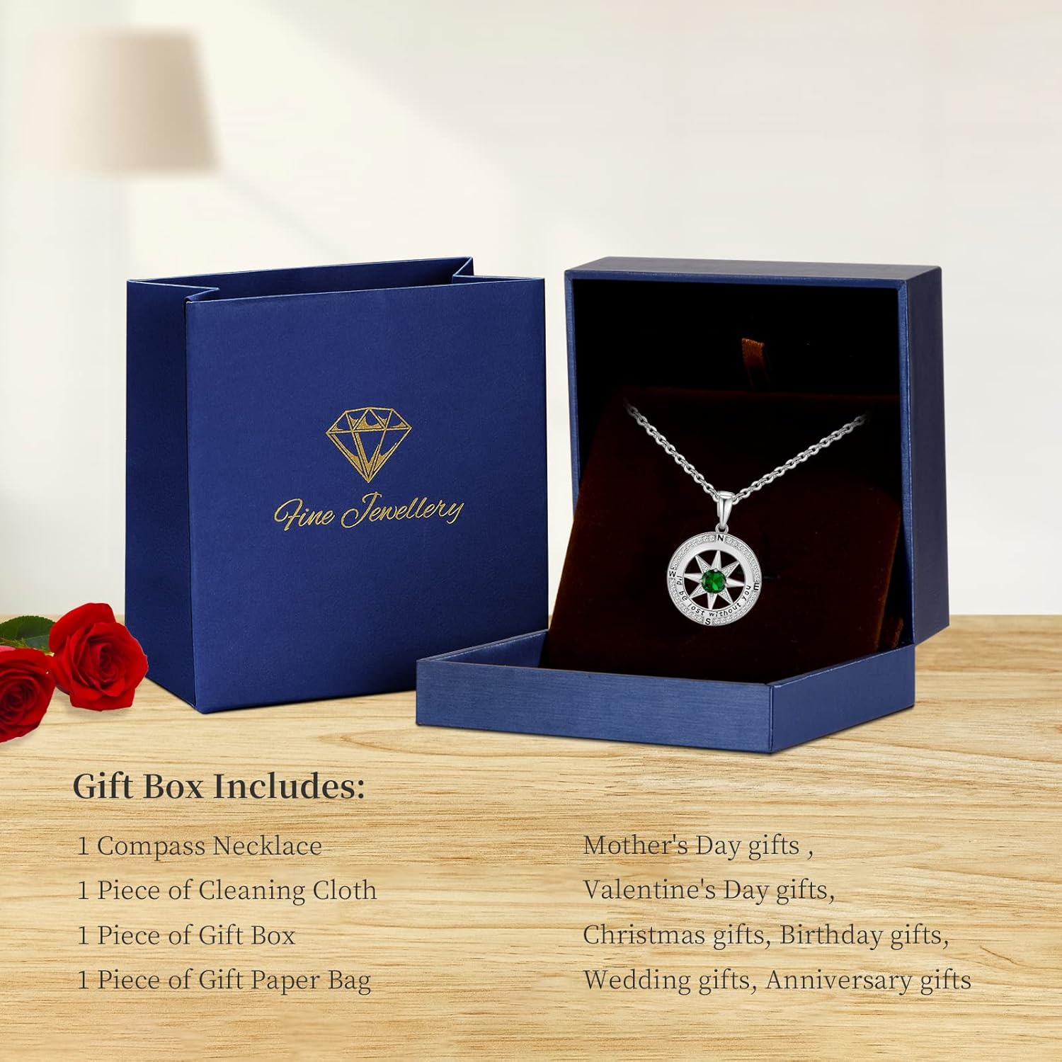 Peeshow Compass Birthstone Necklace for Women Wife, S925 Sterling Silver Gift for Wife Wedding Anniversary Birthday Gifts for Women Jewelry for Her Girlfriend I'd be Lost without You