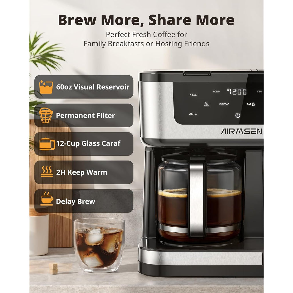 Airmsen 12-Cup Programmable Dual Coffee Maker – Single Serve Machine For K-Cup Pods & Ground, 1000W Fast Brew, Delay Start, 2H Keep Warm, Touchscreen, 60Oz Tank, Glass Carafe – Home & Office
