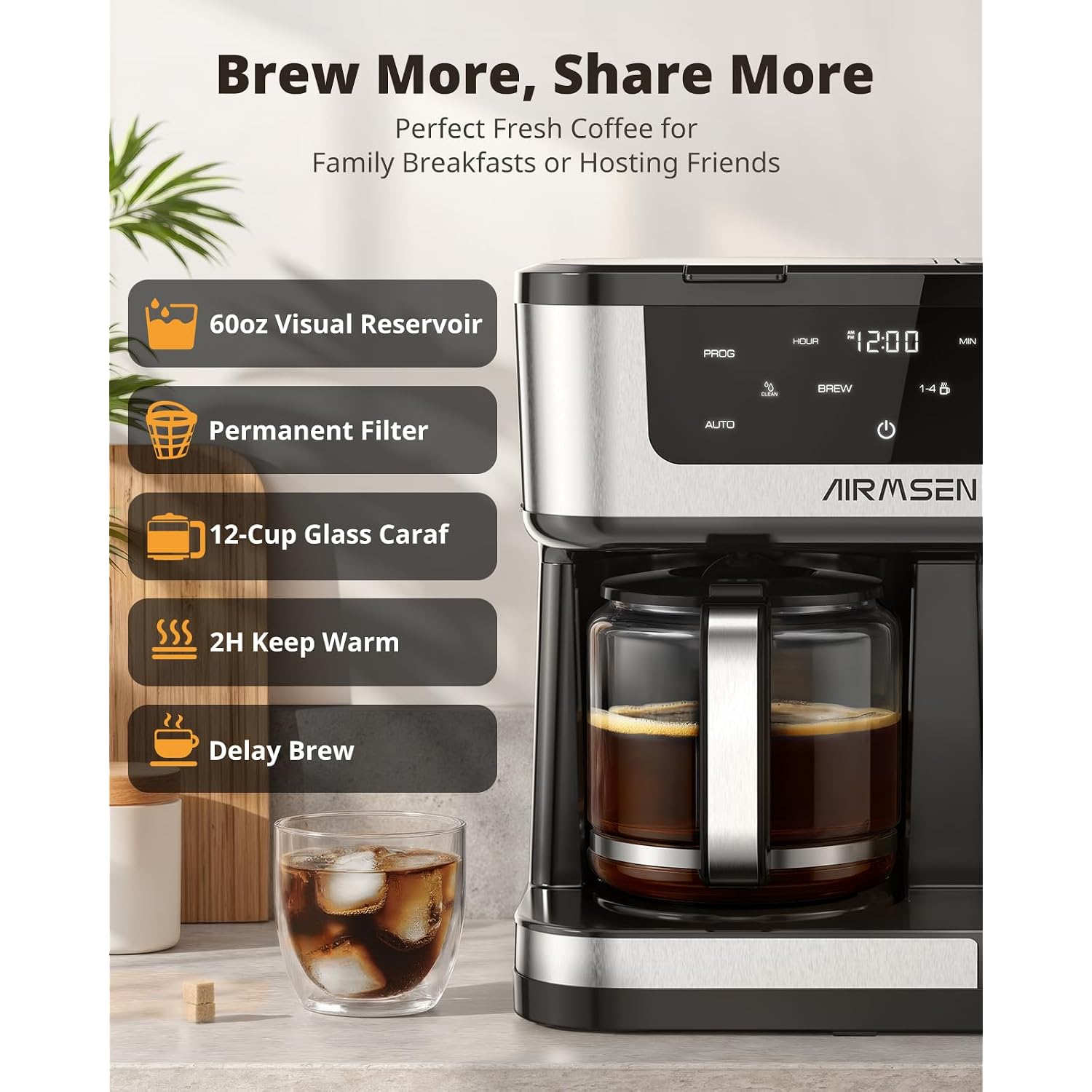 Airmsen 12-Cup Programmable Dual Coffee Maker – Single Serve Machine For K-Cup Pods & Ground, 1000W Fast Brew, Delay Start, 2H Keep Warm, Touchscreen, 60Oz Tank, Glass Carafe – Home & Office