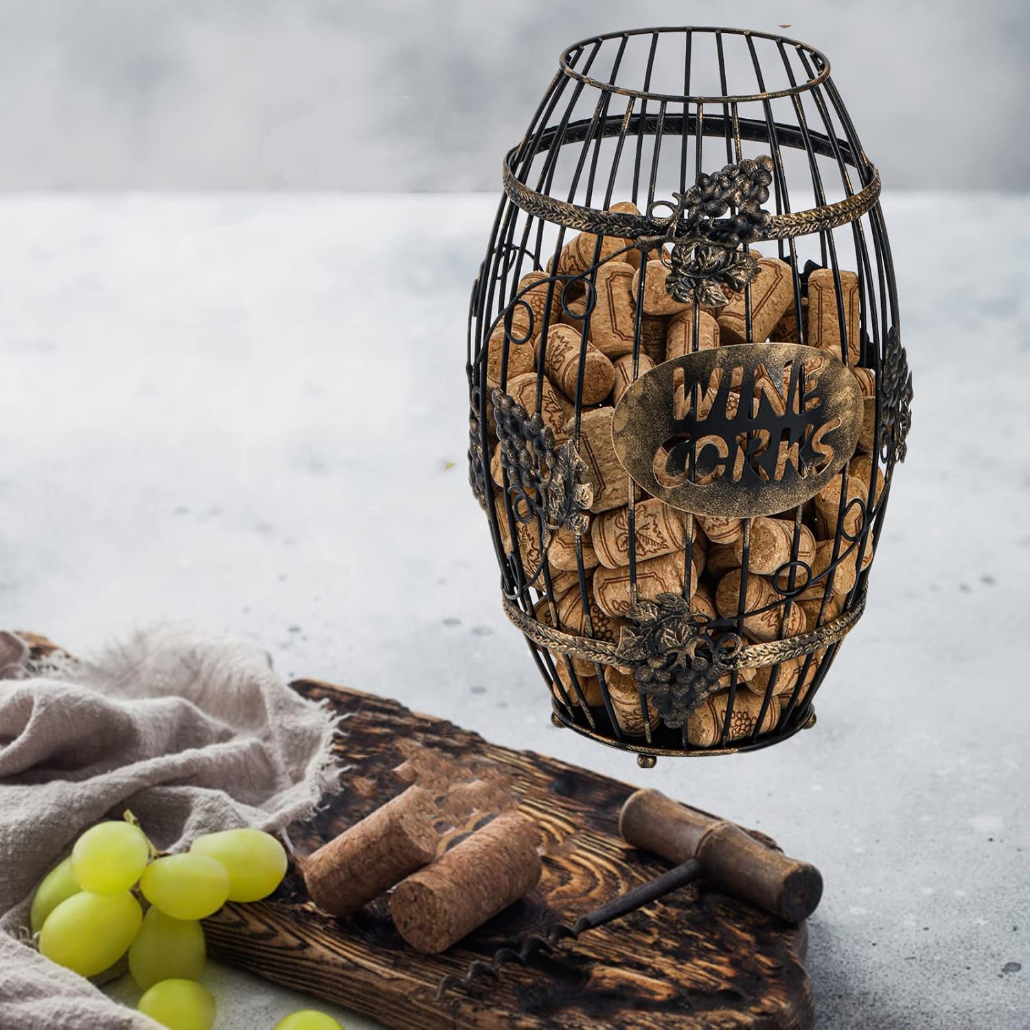 Zoofox Wine Cork Holder, Barrel-Shaped Metal Wine Cork Holder With Large Capacity, Decorative Vino Cork Storage Box For Kitchen, Great Gift Idea For Wine Lover