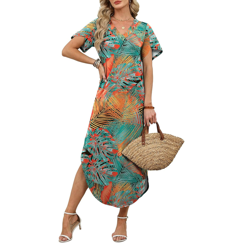 Wiholl Summer Dresses For Women Short Sleeve Maxi Dresses V Neck Sundress With Side Slit Pockets Casual Beach Dress