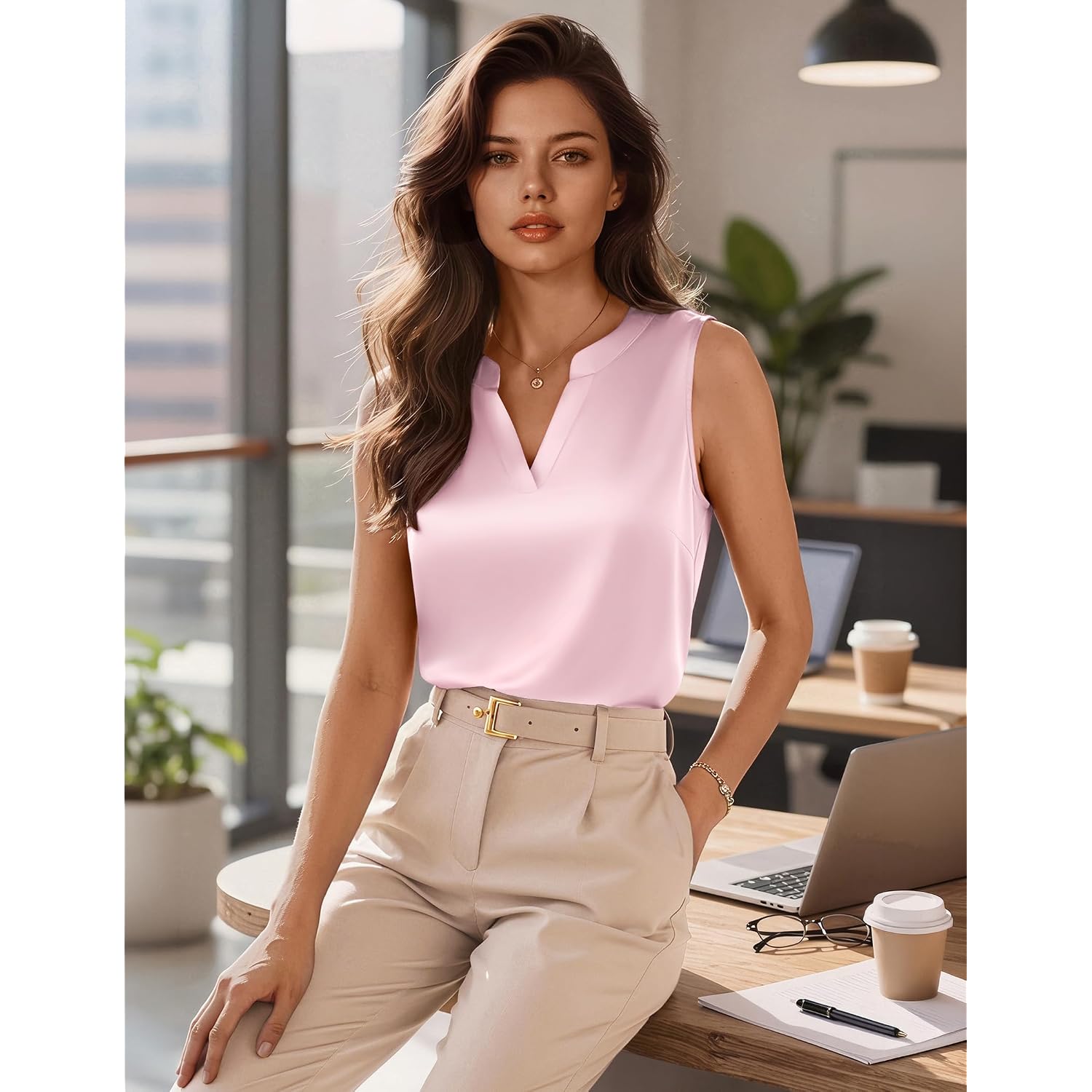 Zeagoo Silk Satin Tank Tops for Women V Neck Business Work Blouses Summer Dressy Casual Sleeveless Shirts
