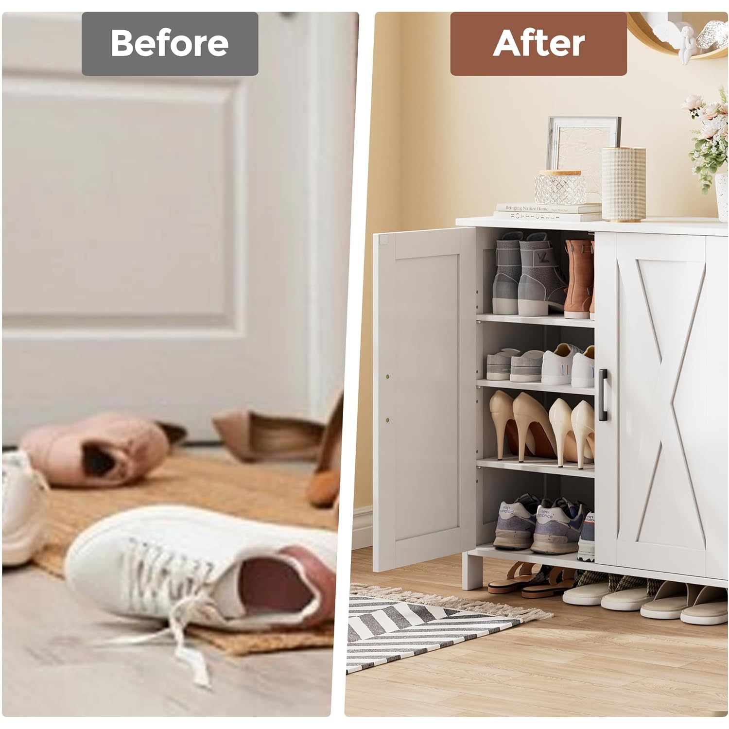 Homleke Farmhouse Shoe Cabinet with 2 Barn Doors & Wood Legs, 5-Tier Shoe Storage Cabinet with 3 Adjustable Shelves, Tall Shoe Rack Organizer for Closet, Shoe Organizer for Entryway, Hallway, White