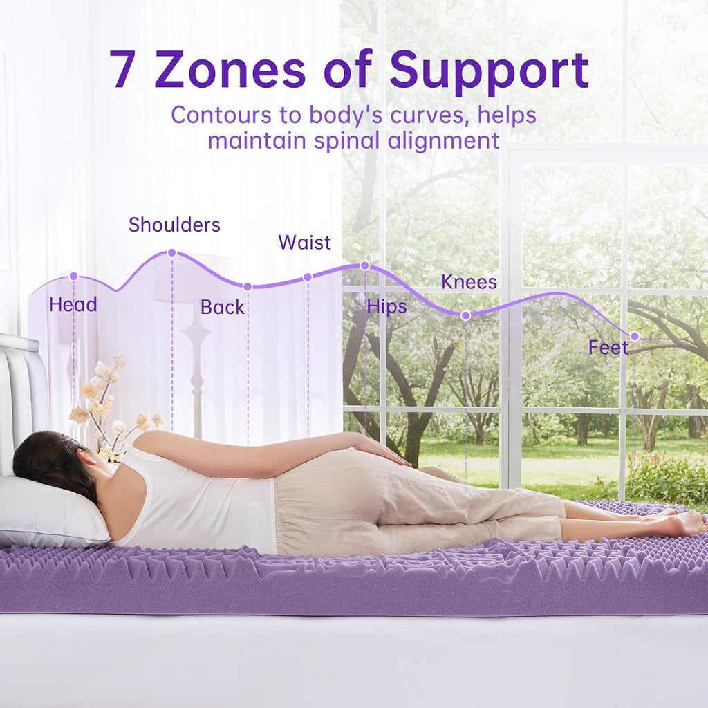 3 Inch 7-Zone Queen Mattress Topper, Egg Crate Memory Foam Mattress Topper Queen Size For Back Pain, Lavender Gel Infused Bed Pad, Certipur-Us And Oeko-Tex Certification (60"×80")
