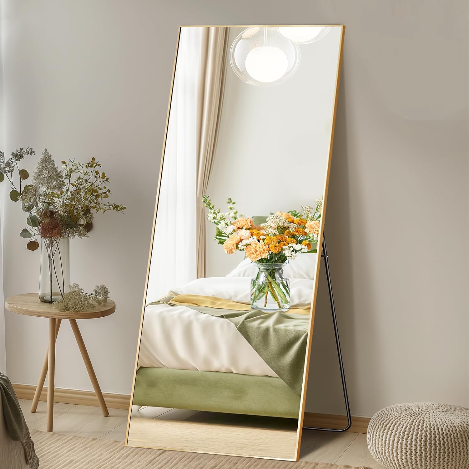Dumos 64"X21" Full Length Mirror With Stand, Floor Standing Aluminum Frame, Shatterproof Nano Glass For Bedroom, Living Room, Cloakroom Modern Simple Home Decor, Can Be Hanging, Leaning Or Wall, Gold