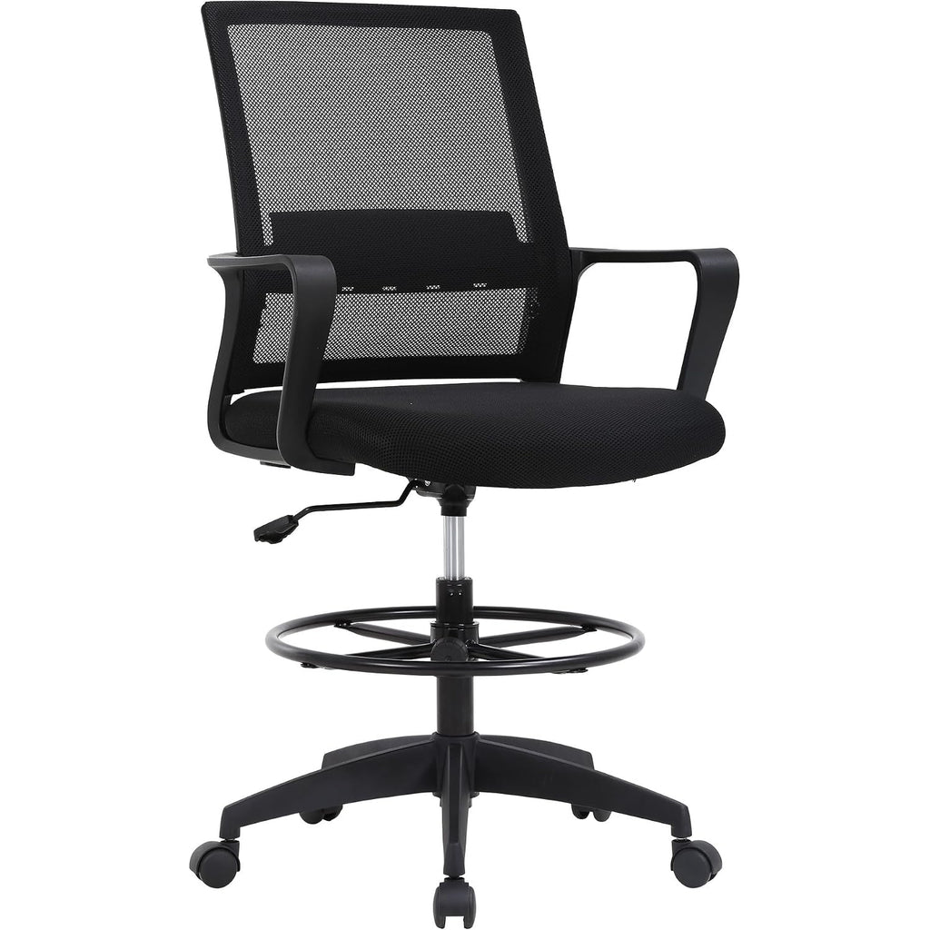 Bestoffice Drafting Chair Tall Office Chair Adjustable Swivel Rolling Mesh Height With Lumbar Support Arms Footrest Mid Back For Adults Standing Desk Drafting Stool(Black)