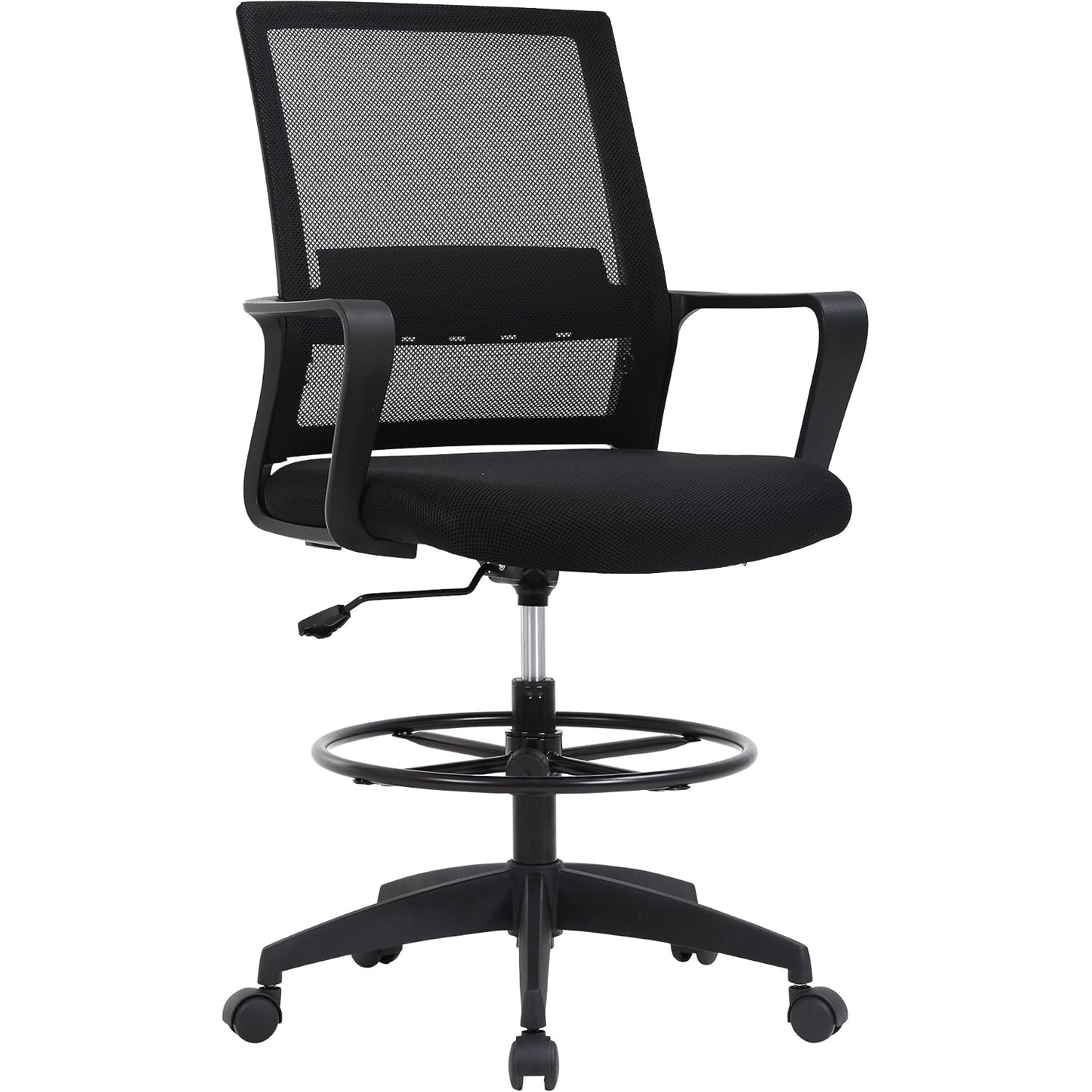 Bestoffice Drafting Chair Tall Office Chair Adjustable Swivel Rolling Mesh Height With Lumbar Support Arms Footrest Mid Back For Adults Standing Desk Drafting Stool(Black)