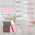 Astercook Knife Set, Kitchen Knives Set with Block and Sharpener 15 Pcs German Stainless Steel Knives Sharp Blade Dishwasher Safe Deba Knives with Ergonomic Handle, Crystal Pink