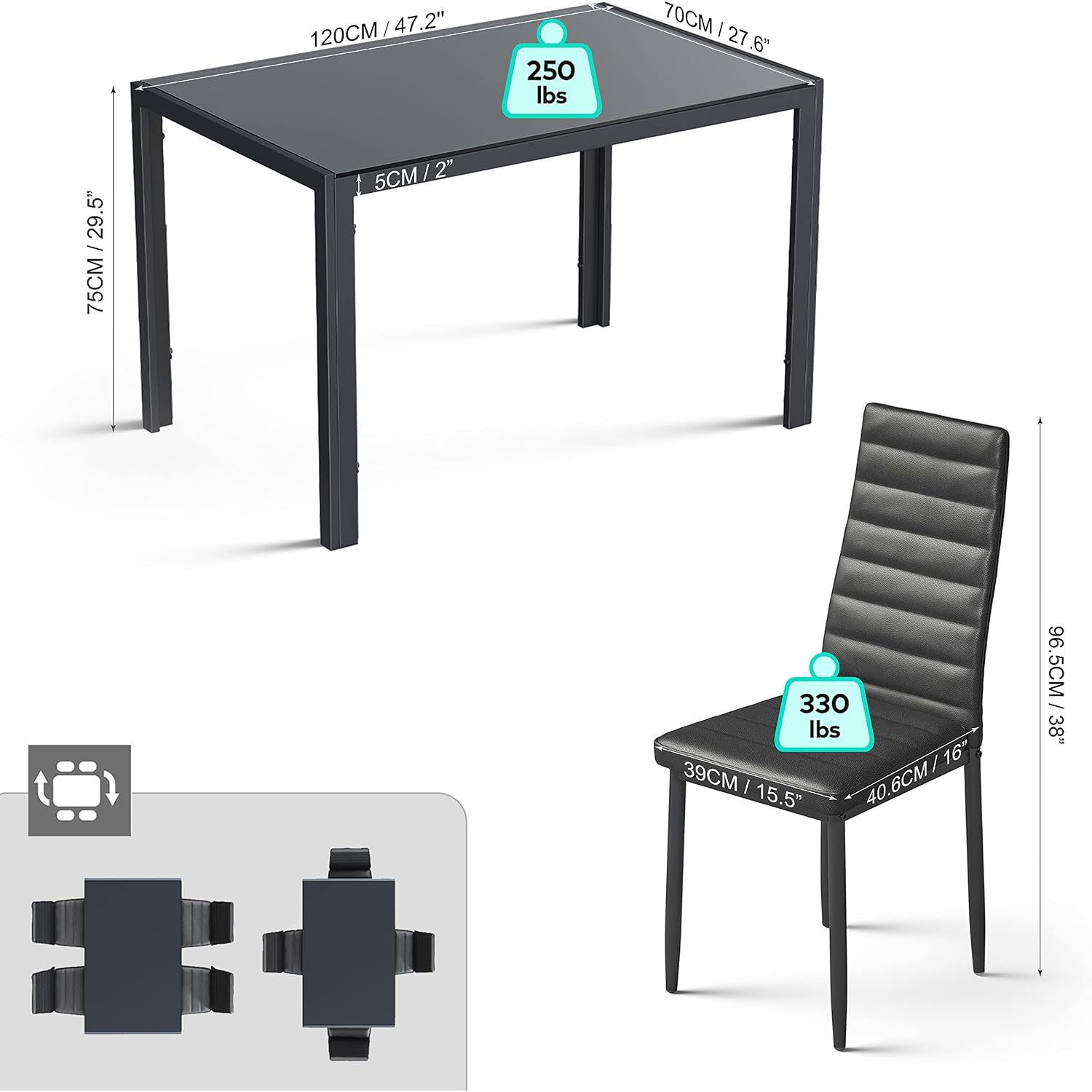 Gizoon 5 Piece Glass Dining Table Set, Kitchen And Chairs For 4, Pu Leather Modern Room Sets For Home, Kitchen, Living Room | Pu Leather Modern Room Sets,Small Dining Table Sets,Space Saving Table And Chairs Set For Home, Kitchen, Living Room