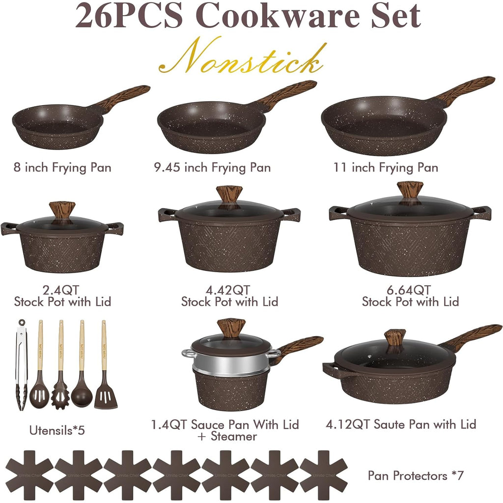Umite Chef 26Pcs Pots And Pans Set Non Stick, Nonstick Cookware Sets, Induction Cook Ware, Includes Steamer & Silicone Utensils, Housewarming Gift, Kitchen Cooking Sets W/Frying Pan (Pfos, Pfoa Free)