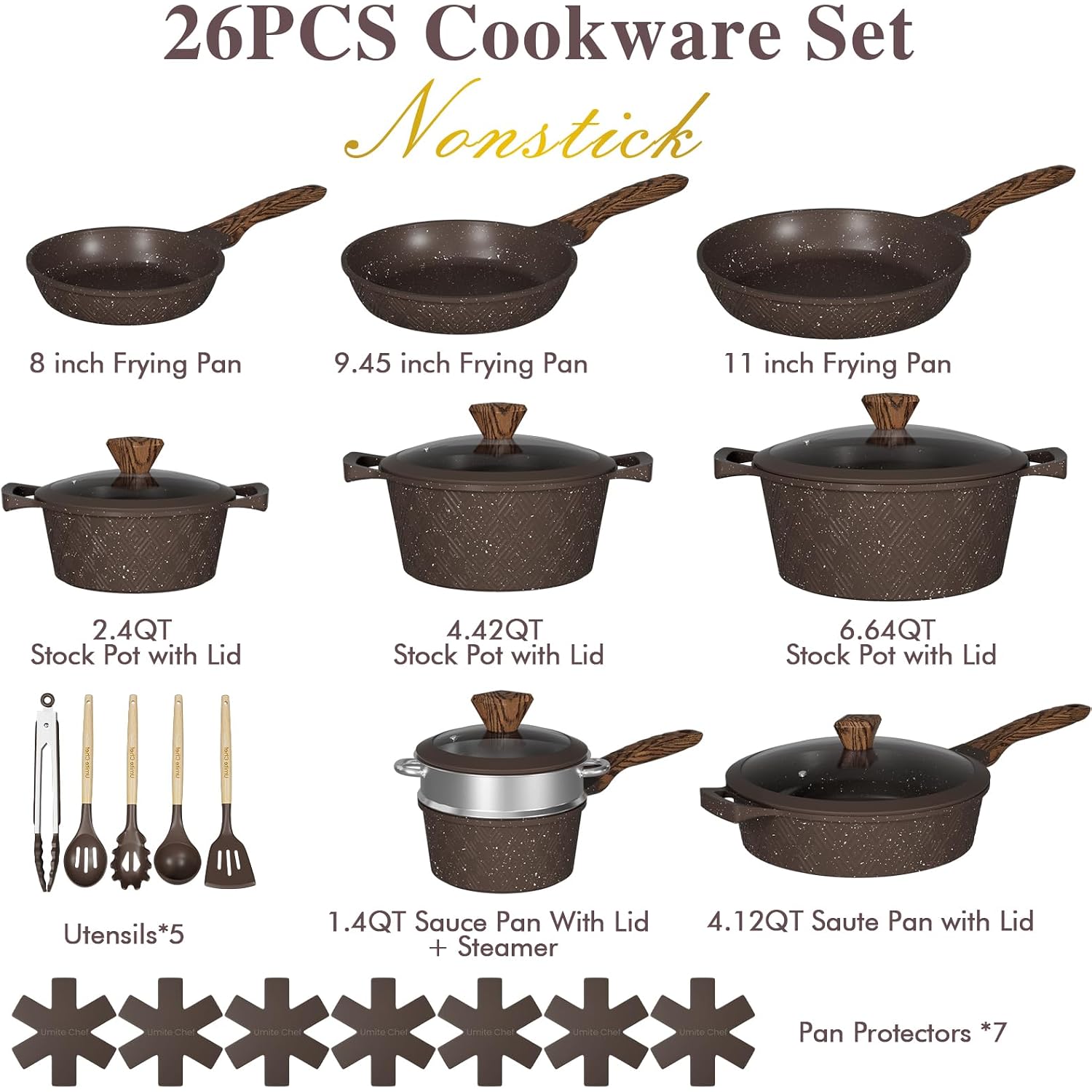 Umite Chef 26Pcs Pots And Pans Set Non Stick, Nonstick Cookware Sets, Induction Cook Ware, Includes Steamer & Silicone Utensils, Housewarming Gift, Kitchen Cooking Sets W/Frying Pan (Pfos, Pfoa Free)