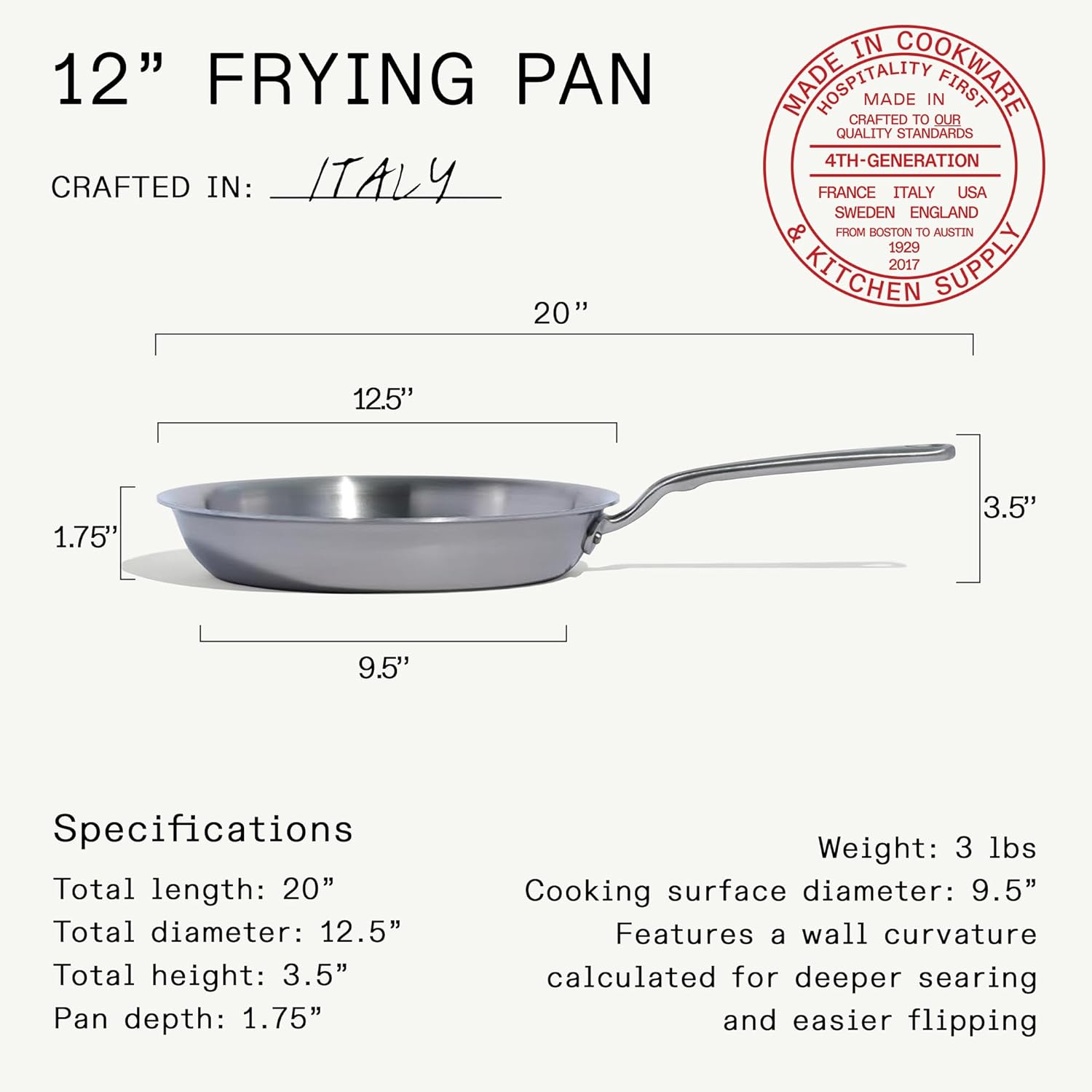 Made In Cookware | 12-Inch Stainless Steel Frying Pan | 5 Ply Stainless Clad | Professional Cookware | Crafted in Italy | Induction Compatible