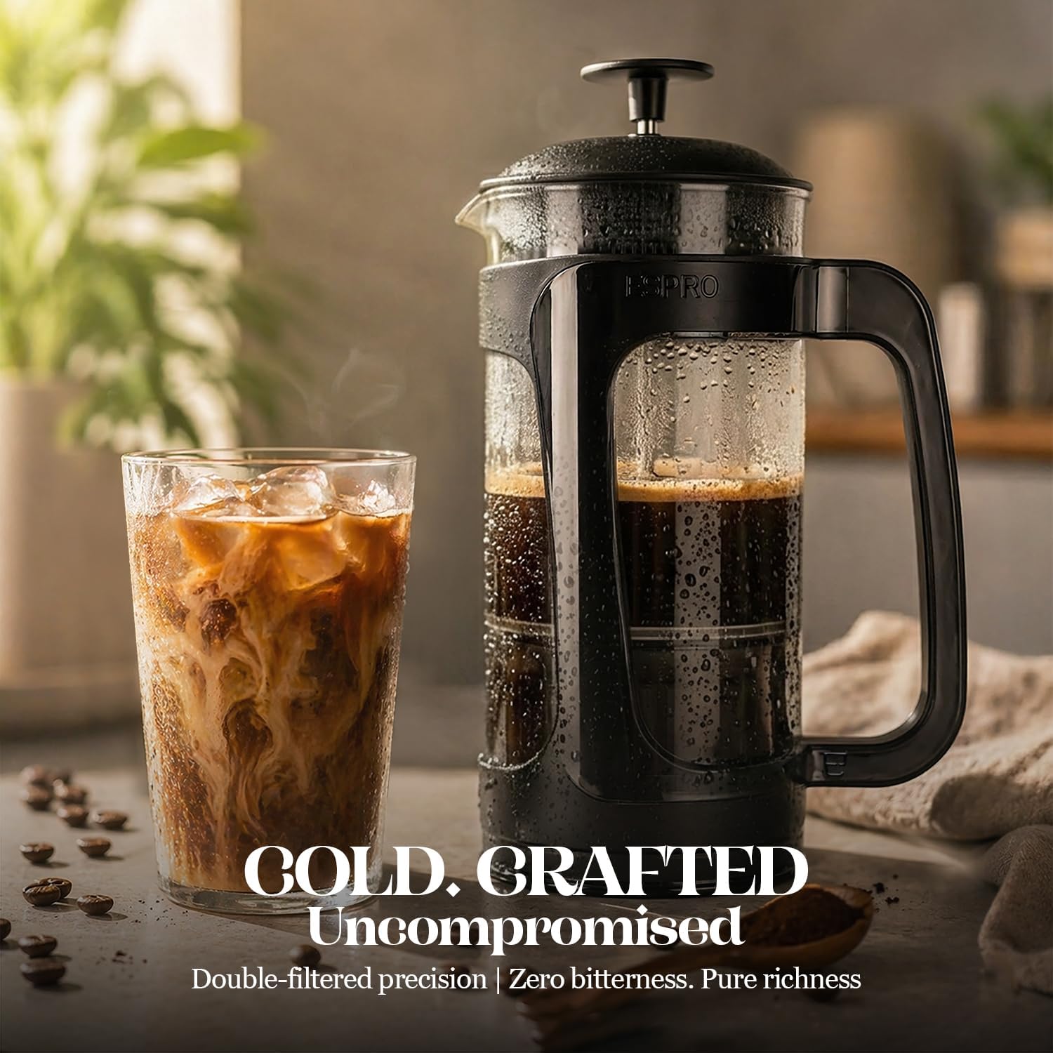 Espro Light P3 French Press Coffee Maker – Patented Double Micro-Filter For Grit-Free Brew, Heat Resistant Thicker Borosilicate Glass Coffee Press – (Black, 32 Oz)