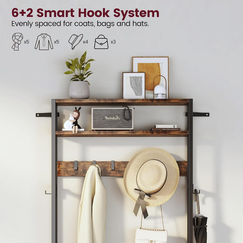 Homeiju Hall Tree With Bench And Shoe Storage, 3-In-1 Entryway Organizer With 6+2 Hooks, Coat Rack With Adjustable Feet For Stability, Mudroom Furniture With Storage Shelf