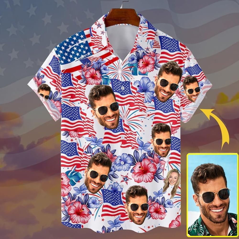 Custom Face Patriotic Short Sleeve Hawaiian Shirt, Personalized Photo Independence Day Hawaiian Shirt, Shirt For Men