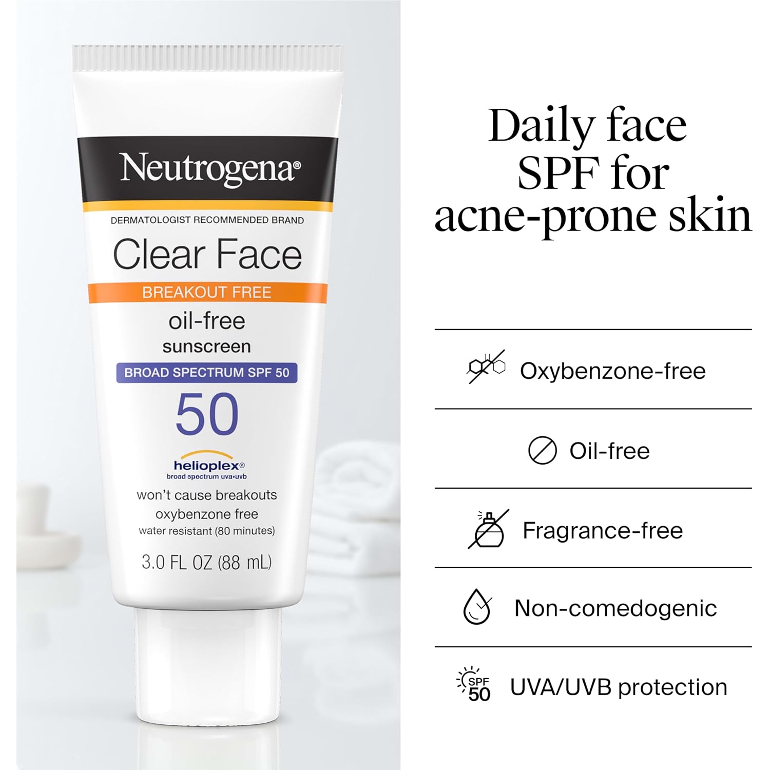 Neutrogena Clear Face Sunscreen Lotion Spf 50 For Acne-Prone Skin Broad Spectrum Uva Uvb Protection Oil-Free No-Fragrance No-Oxybenzone Water-Resistant Daily Face Moisturizer, 3 Fl Oz