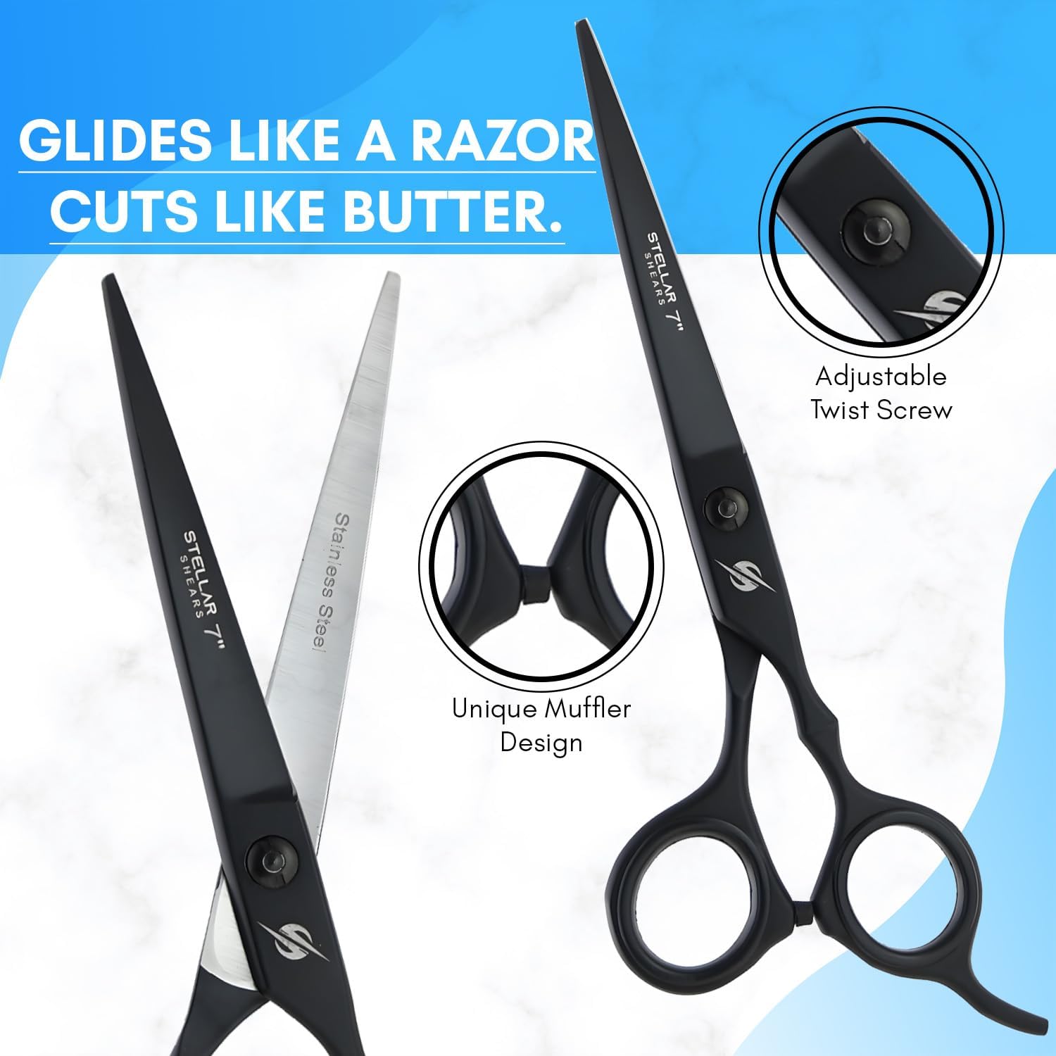 Hair Cutting Scissors Set – 7 Inch Razor-Sharp Barber Shears & Thinning Scissors, Comb & Case Ergonomic, Adjustable Tension (Matte Black Finish)