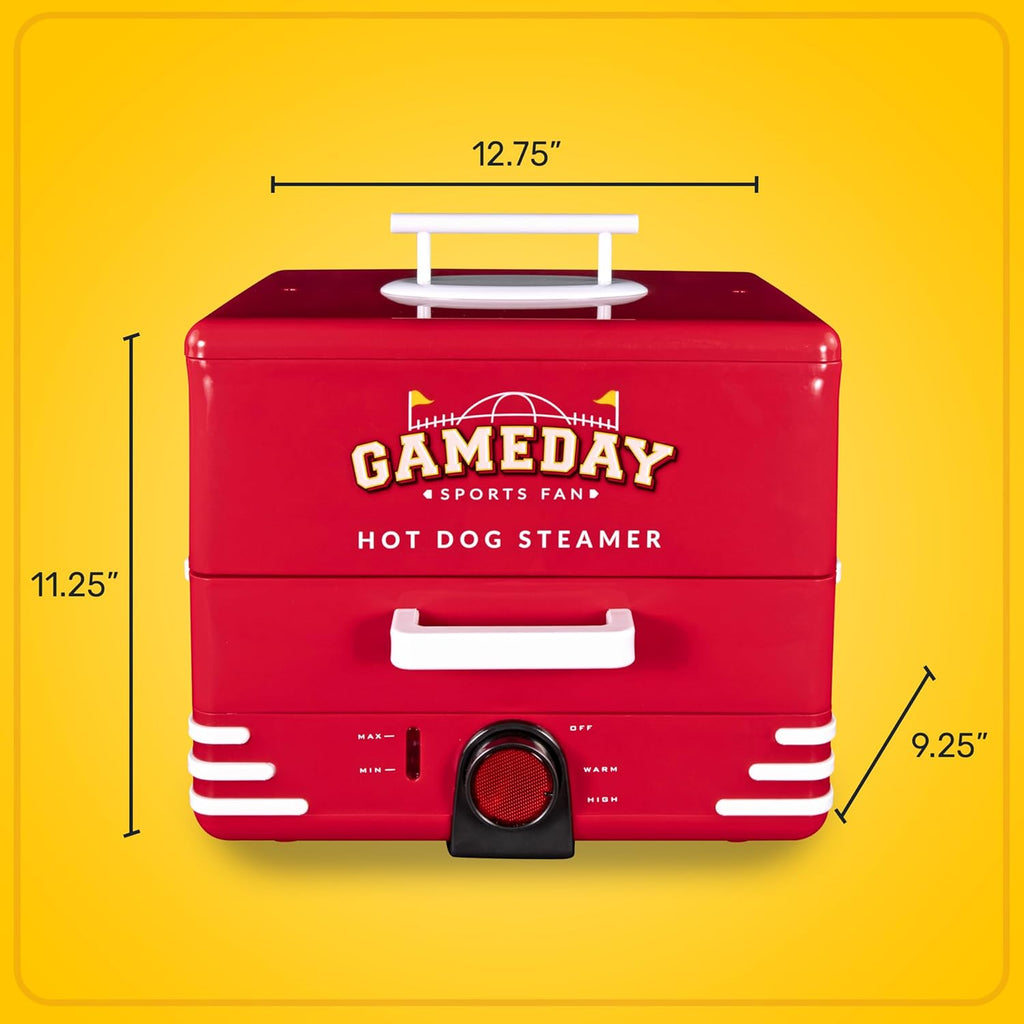Nostalgia, Game Day Hot Dog Steamer and Bun Warmer, Fits 20 Dogs and 8 Buns, Steams Pot Stickers, Veggies, Potatoes, and Other Appetizers or Toppings