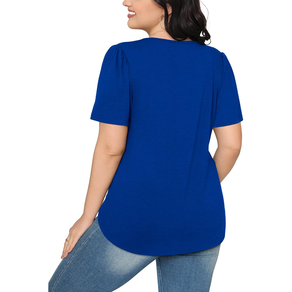 Ofeefan Womens T Shirts Short Sleeve Pleated Dressy Casual Scooped Neck Summer Tops Blouses